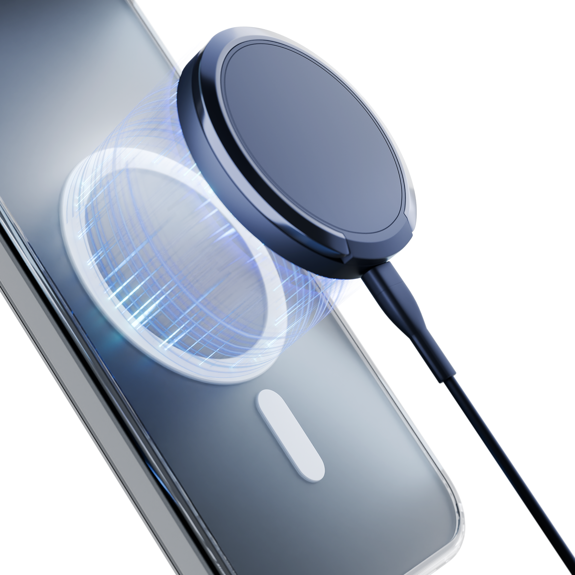 Telefon z podłączoną podkładką ładującą, na białym tle.