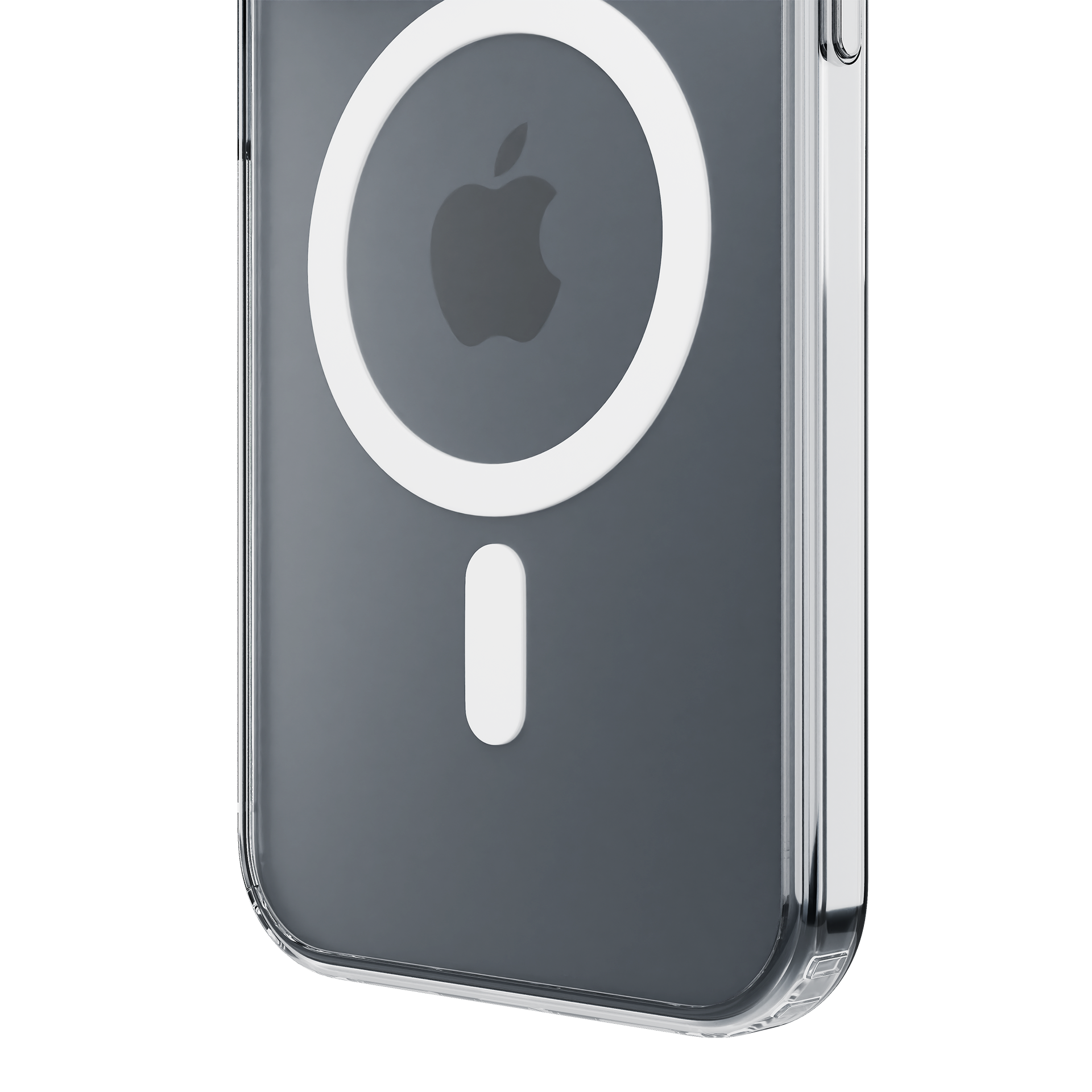 Zbliżenie etui na telefon z białym okręgiem i białym znakiem minus. Etui jest przezroczyste i błyszczące.