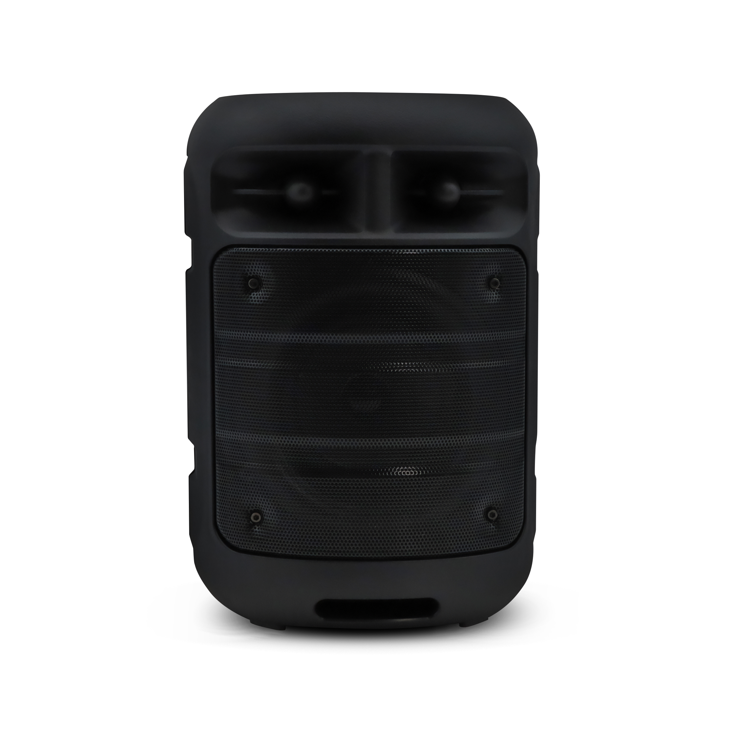 Un altavoz negro con una rejilla de malla. El altavoz tiene dos bocinas en la parte superior y una rejilla en el medio.