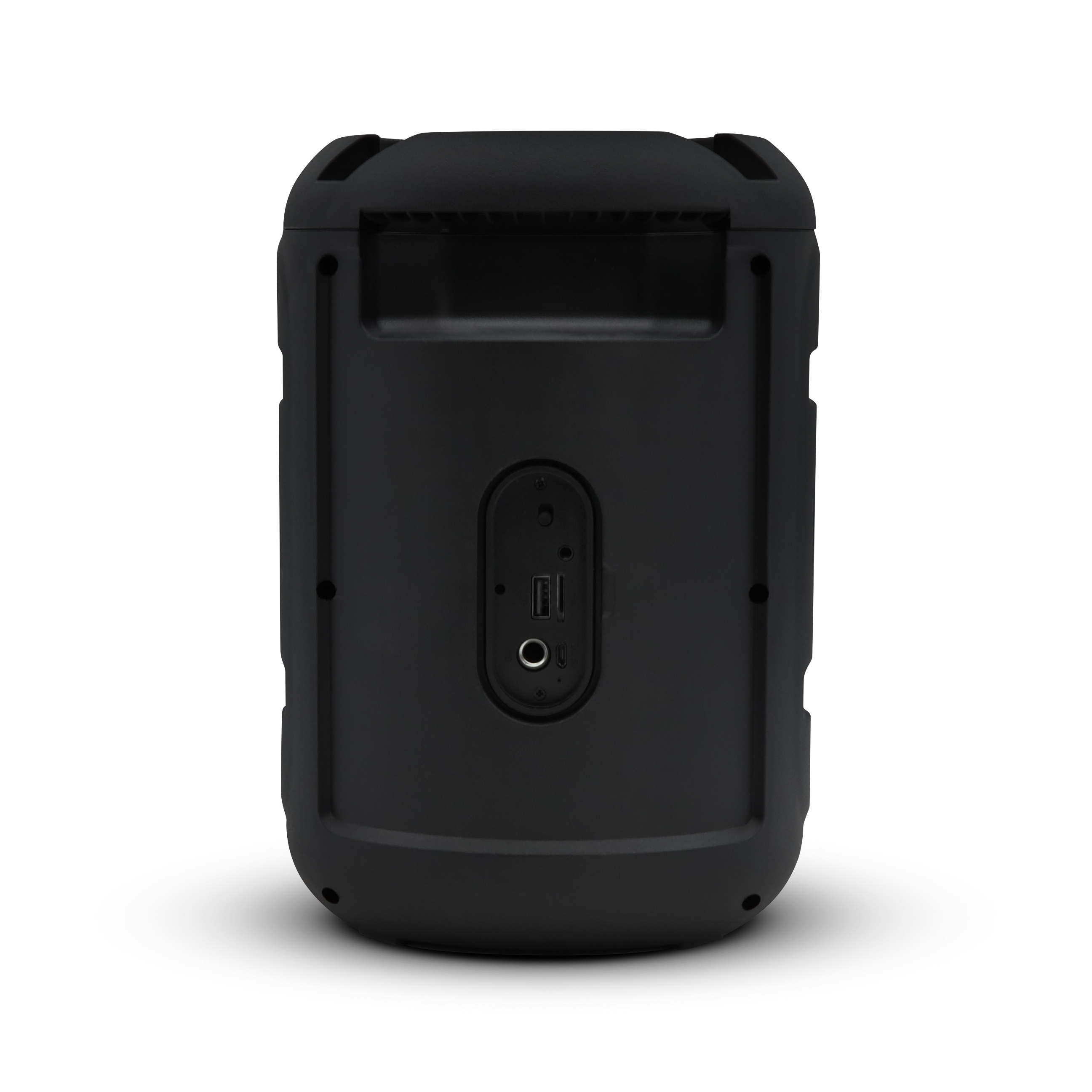 Un altavoz negro, vista trasera, con puertos para USB, entrada de audio y alimentación. Fondo blanco con una ligera sombra.