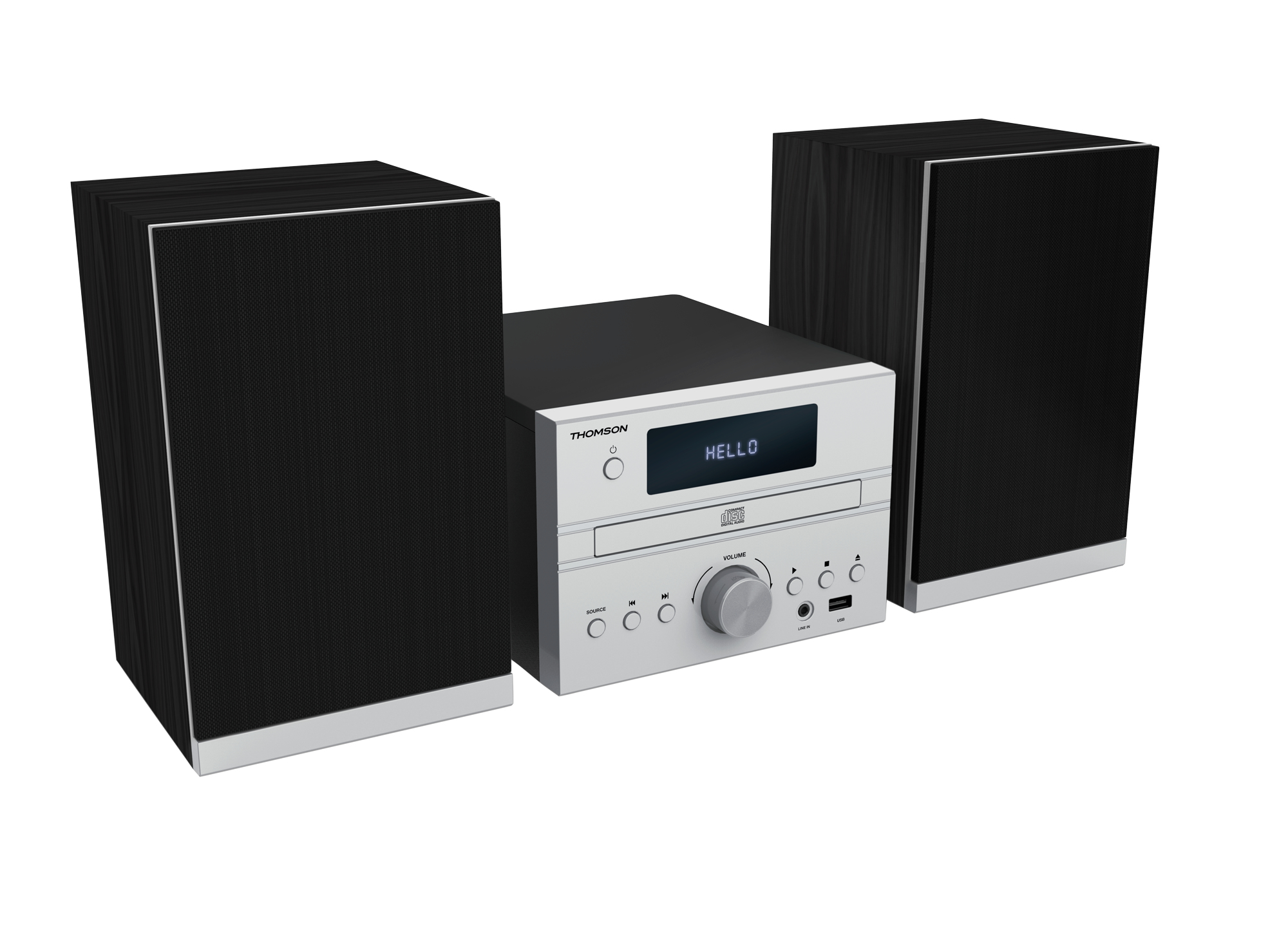 Srebrny system stereo Thomson z dwoma czarnymi głośnikami.