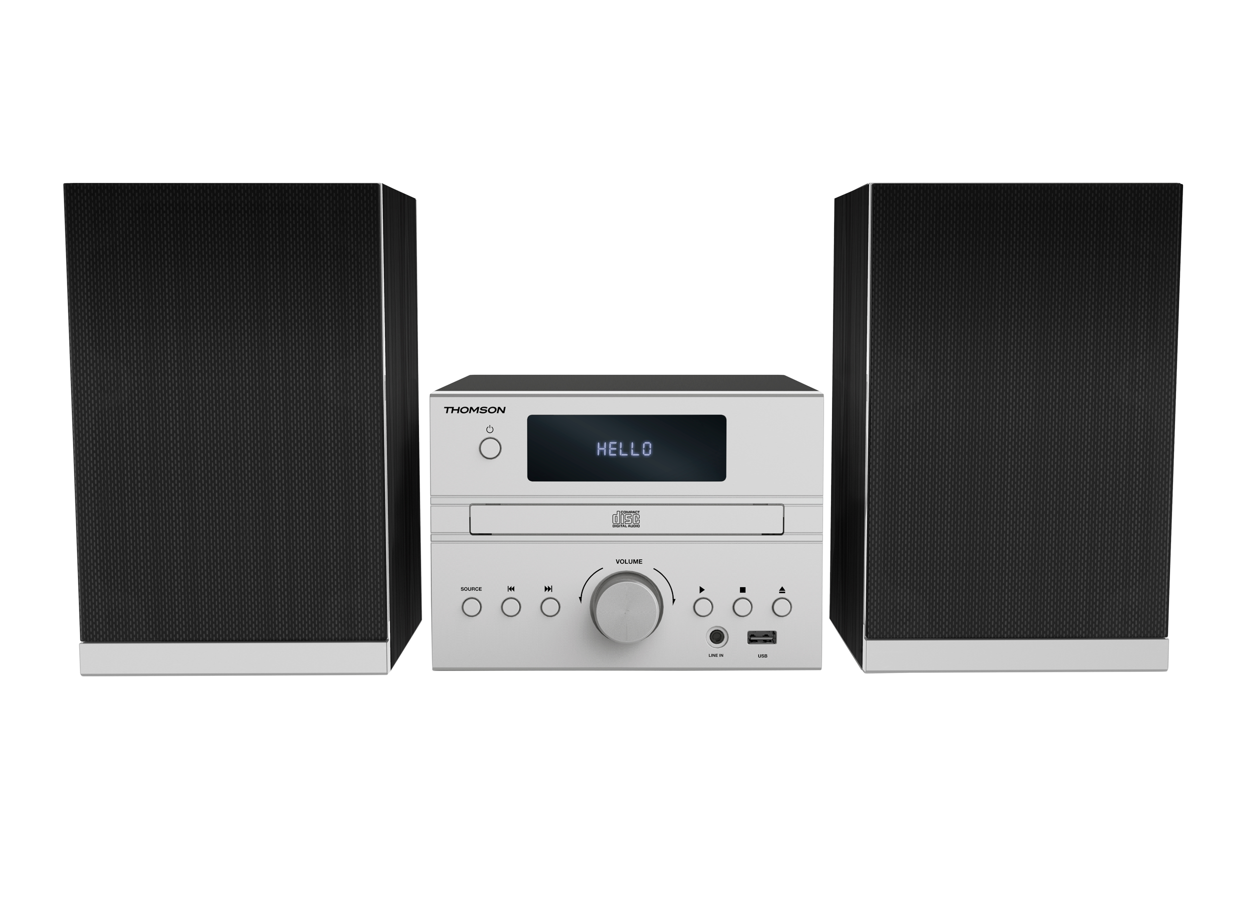 Srebrny system stereo z dwoma czarnymi głośnikami. System ma odtwarzacz CD i wyświetlacz z napisem HELLO. Białe tło.