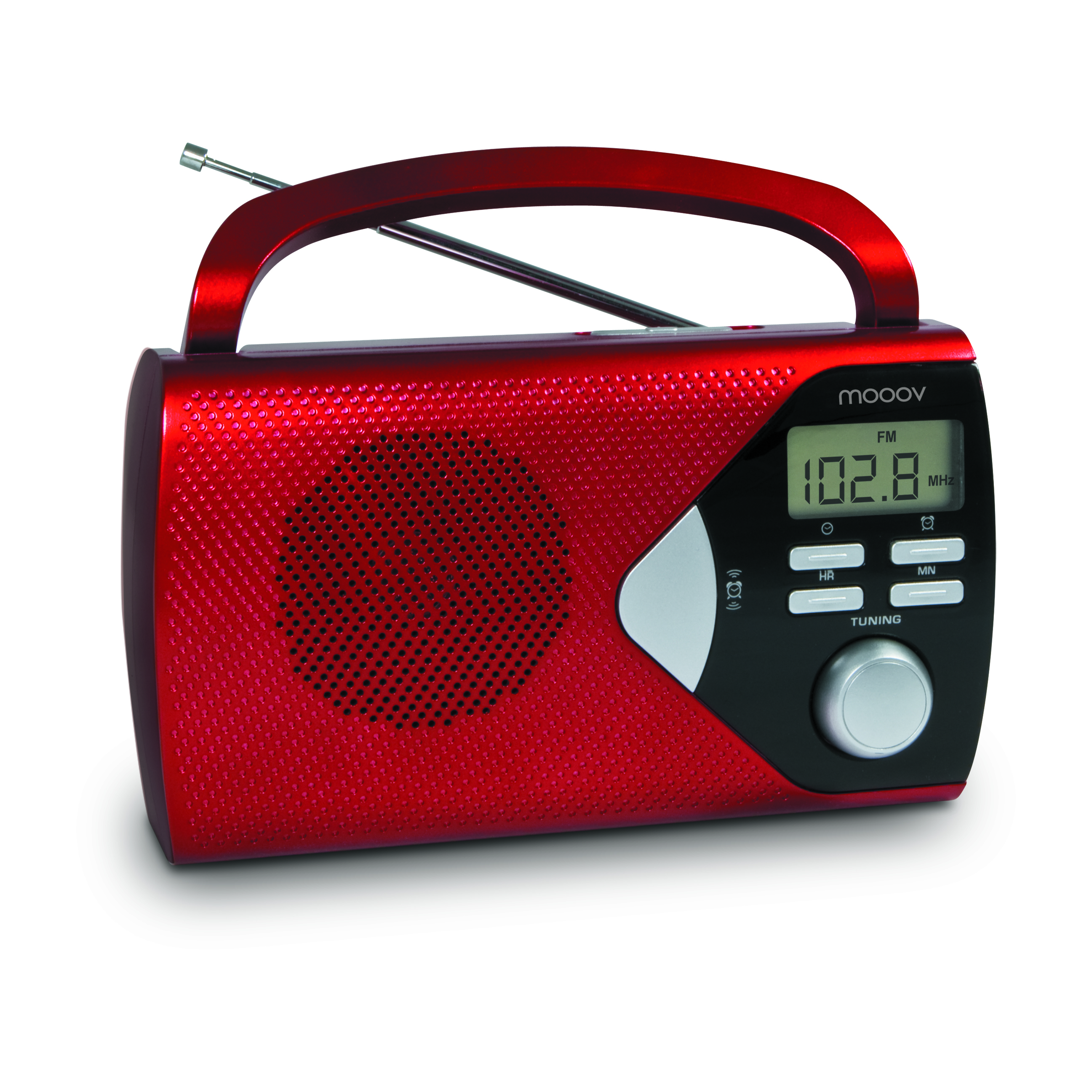 Radio roja con asa, antena y pantalla 102.8 MHz. Perilla de sintonización blanca.