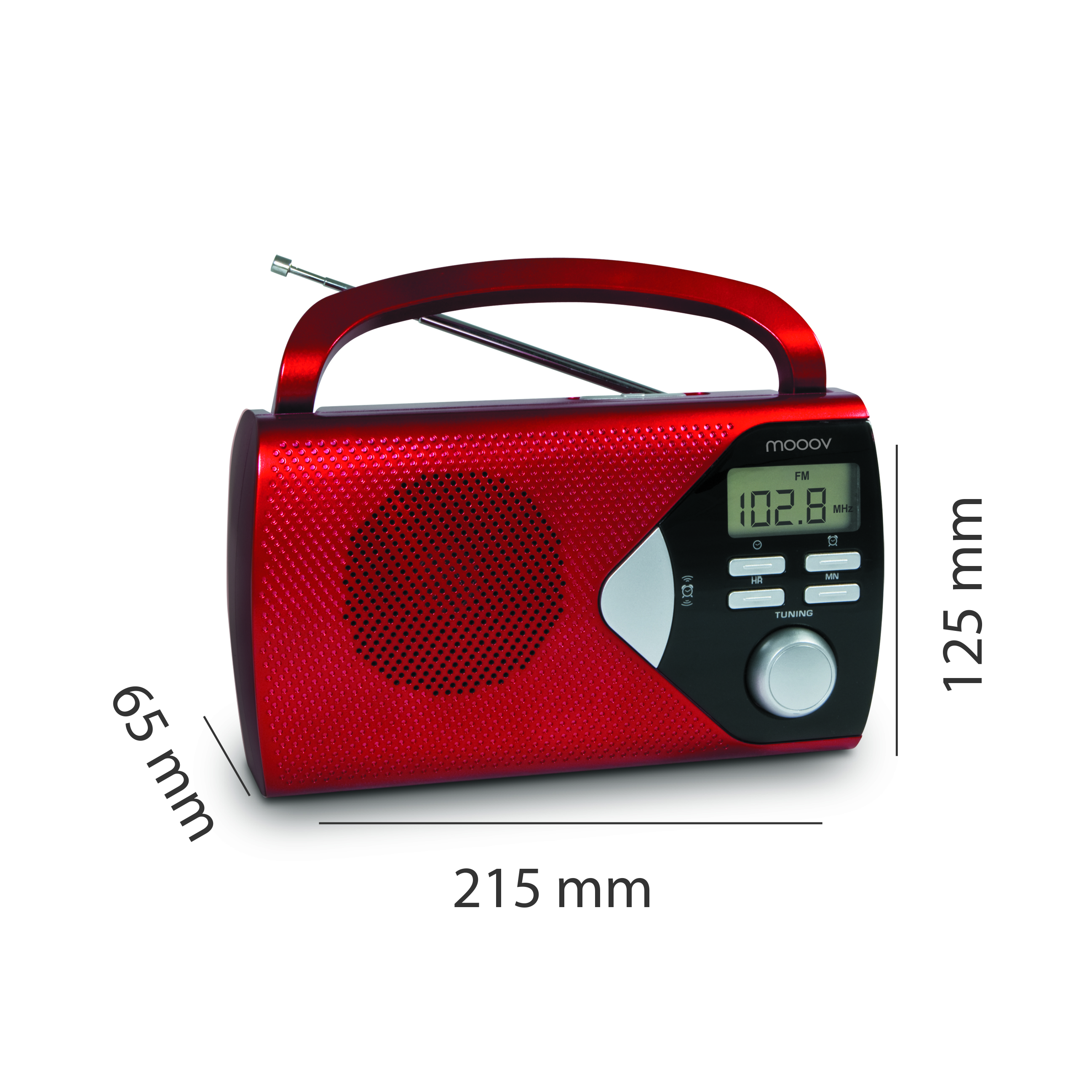 Radio roja con dimensiones, pantalla y asa.