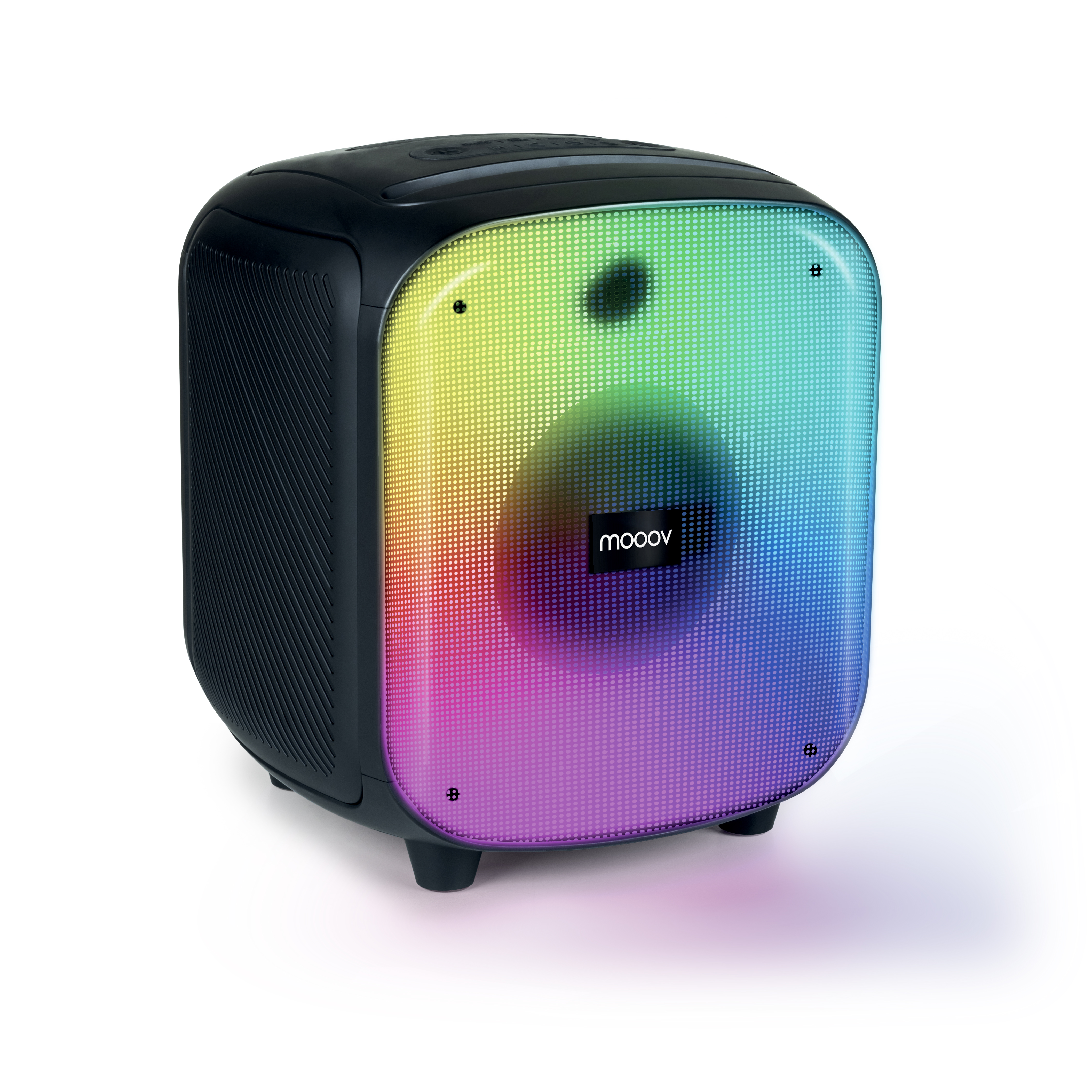 Altavoz negro con una pantalla de luz multicolor.