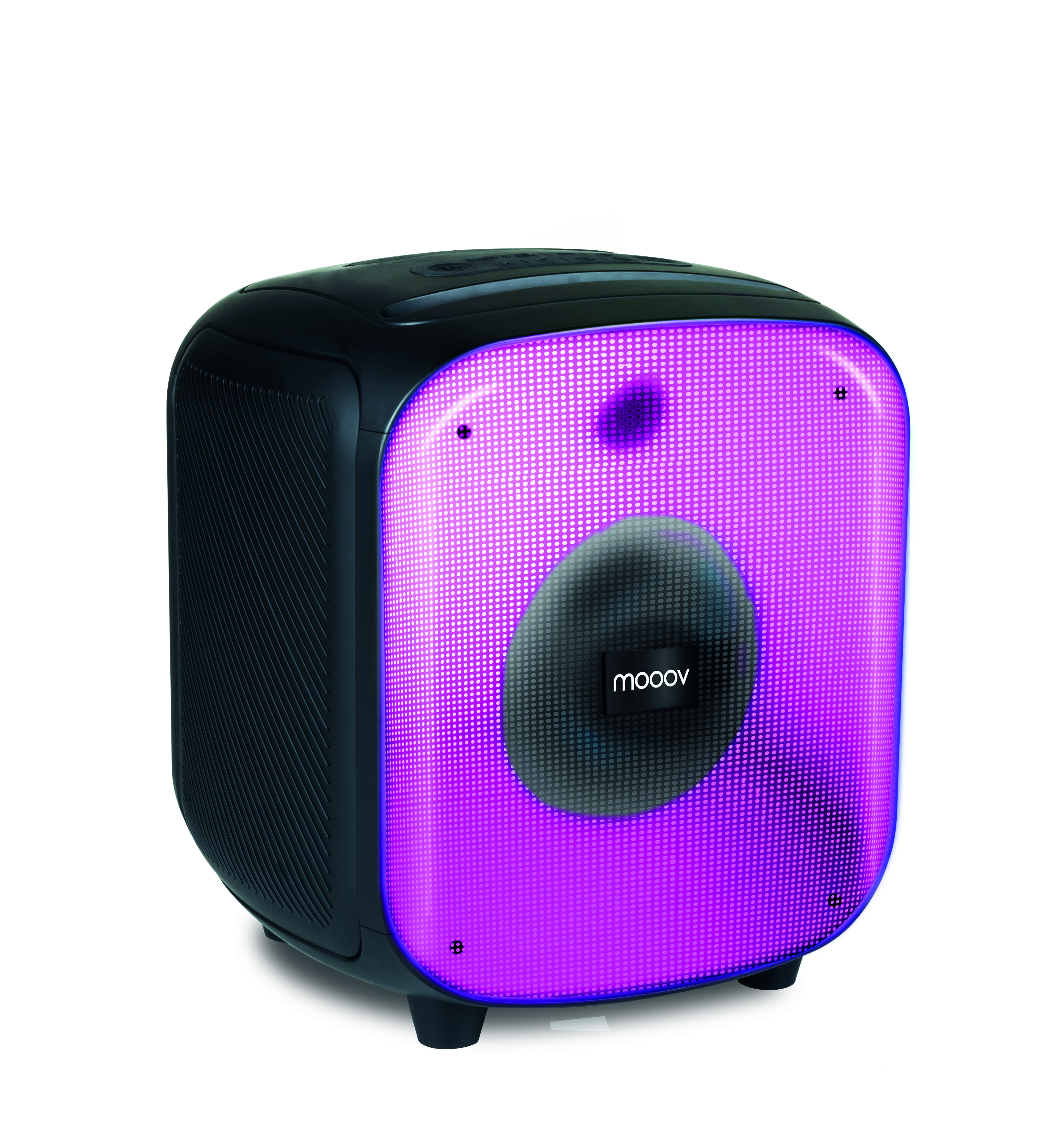 Un altavoz negro con una parte delantera rosa brillante. El altavoz tiene esquinas redondeadas y un logotipo de moov. Fondo blanco.
