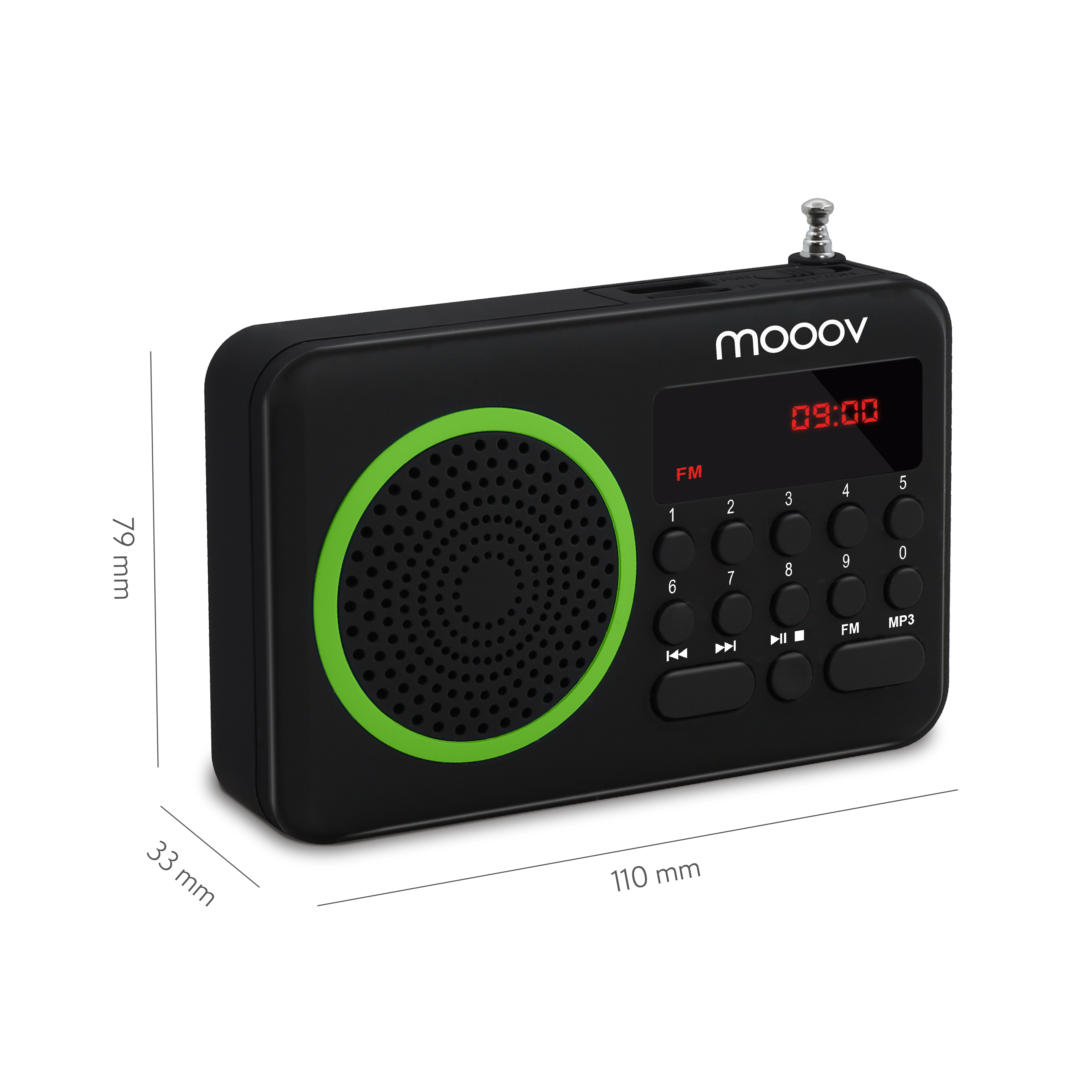 Radio negro con anillo de altavoz verde, pantalla 09:00. Botones FM y MP3.