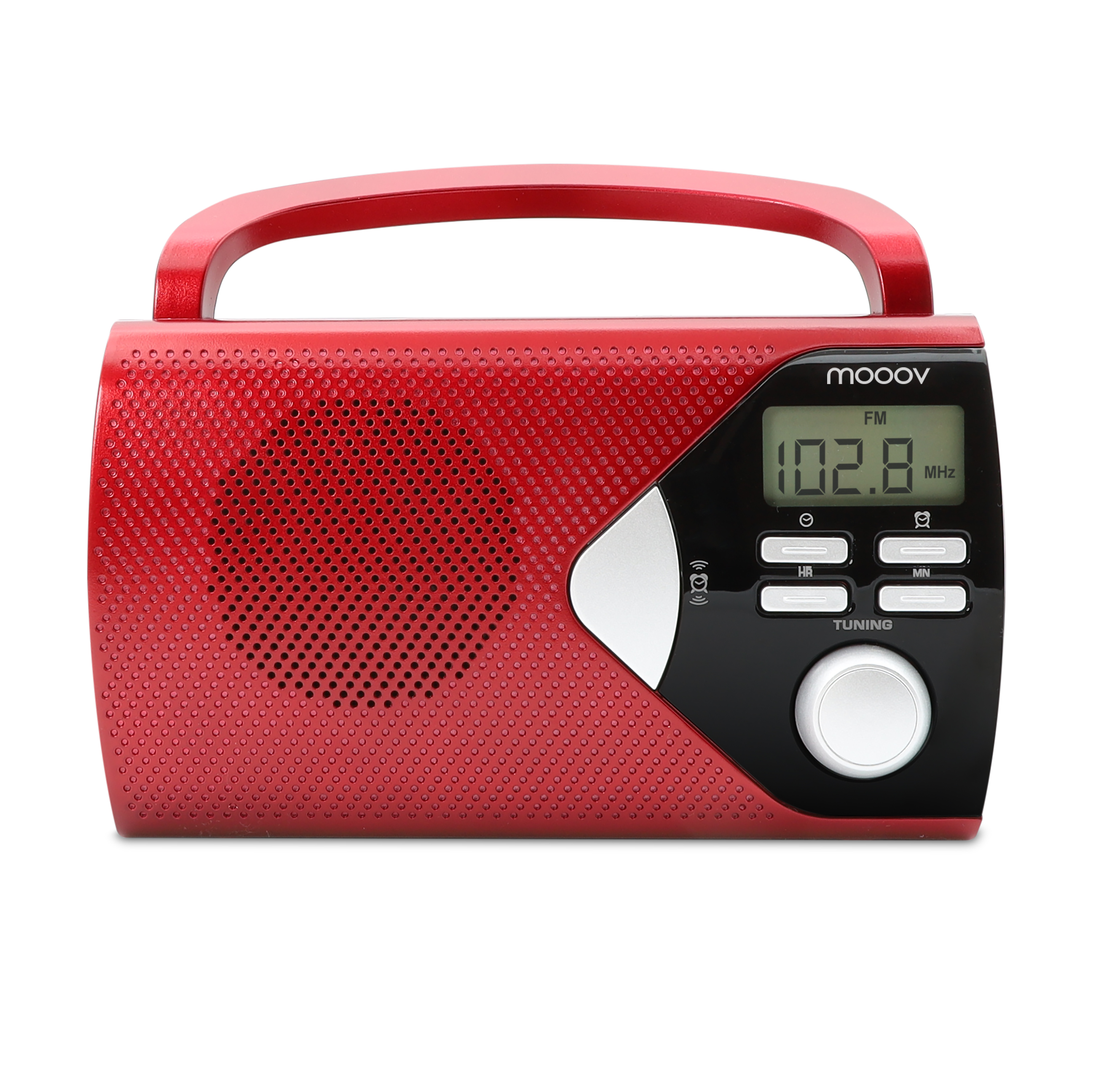 Radio roja con asa, pantalla 102.8 MHz. Controles negros y perilla de sintonización.