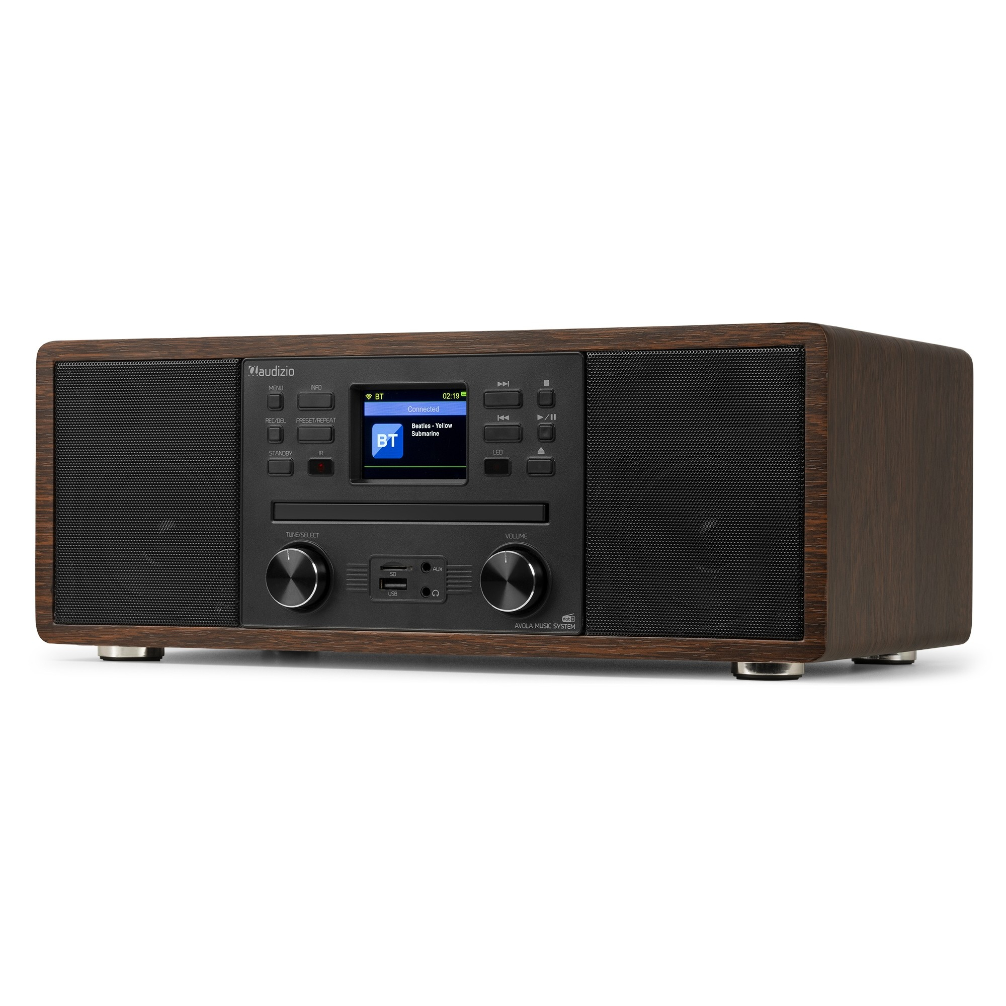 Holzradio mit Bildschirm, der Bluetooth-Informationen anzeigt. Es hat Lautsprecher und Knöpfe unten.