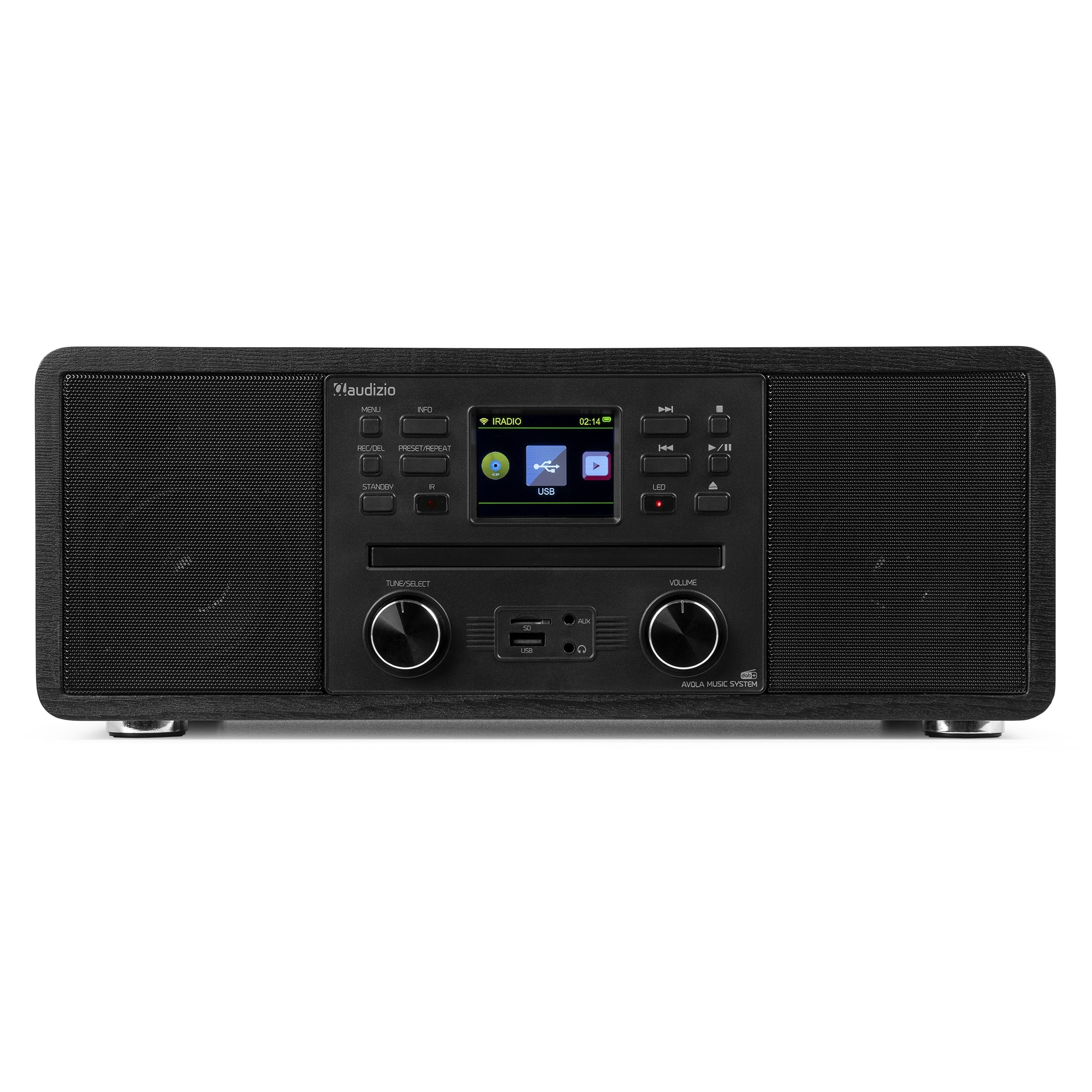 Schwarzes Audizio-Musiksystem mit Bildschirm, Knöpfen und Lautsprechern auf weißem Hintergrund. Es hat einen USB-Anschluss.