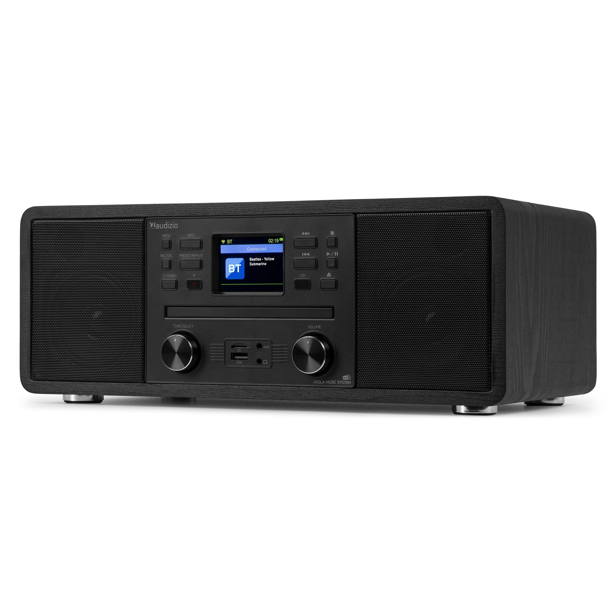 Schwarzes Audizio-Musiksystem mit Bildschirm, das Bluetooth-Verbindungsdetails auf weißem Hintergrund anzeigt.