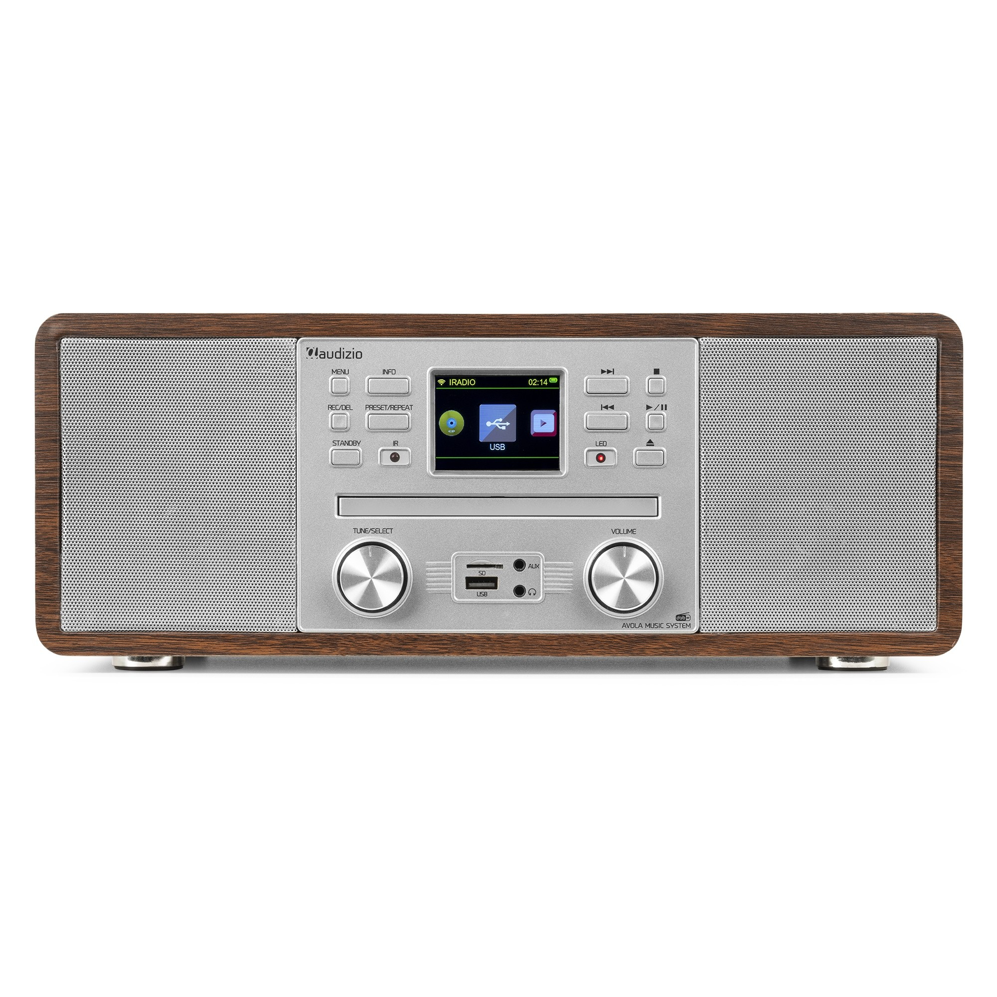 Radio en bois avec écran affichant les informations radio. Haut-parleurs et boutons de contrôle en bas.
