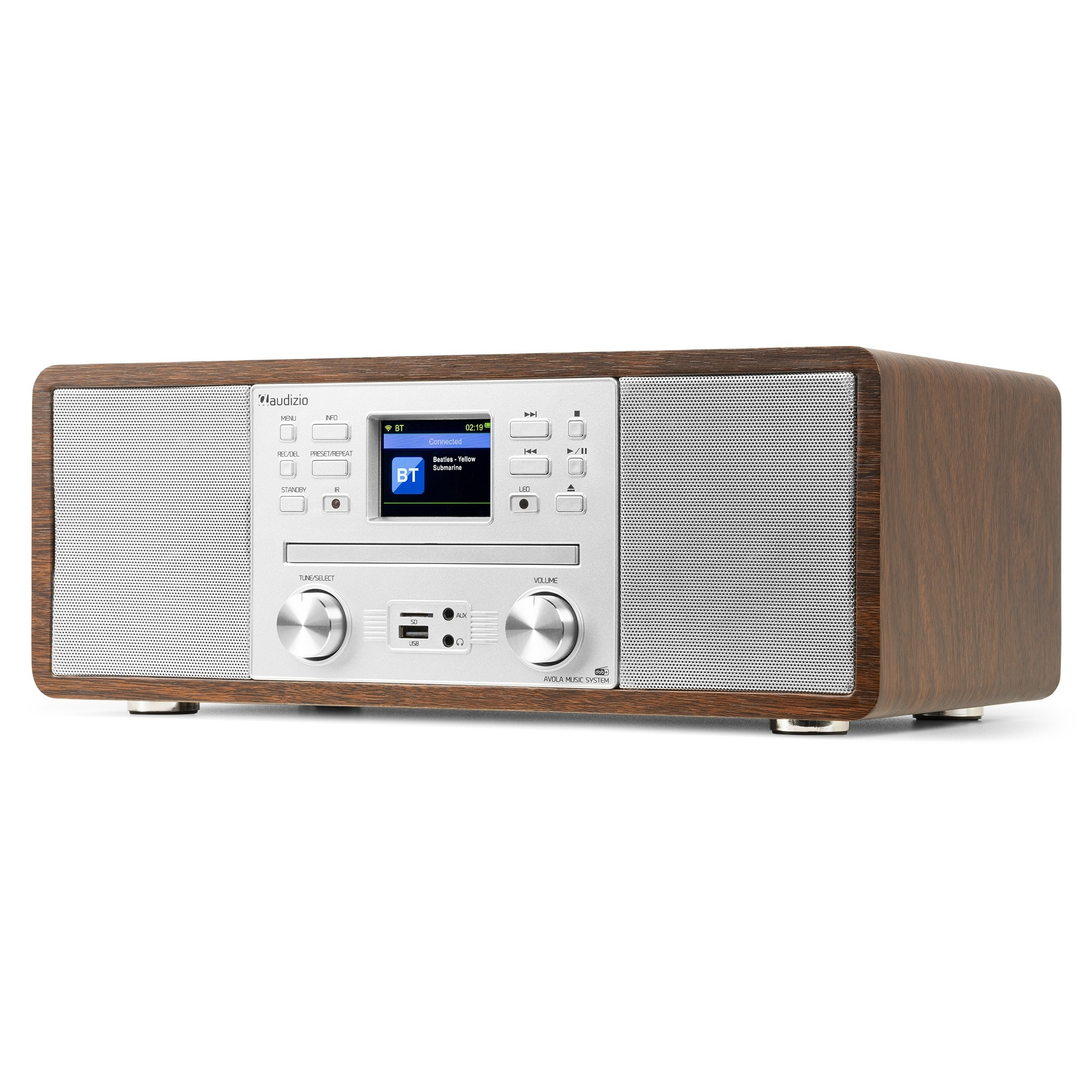 Radio en bois avec écran affichant les informations Bluetooth. Haut-parleurs et boutons de contrôle en bas.
