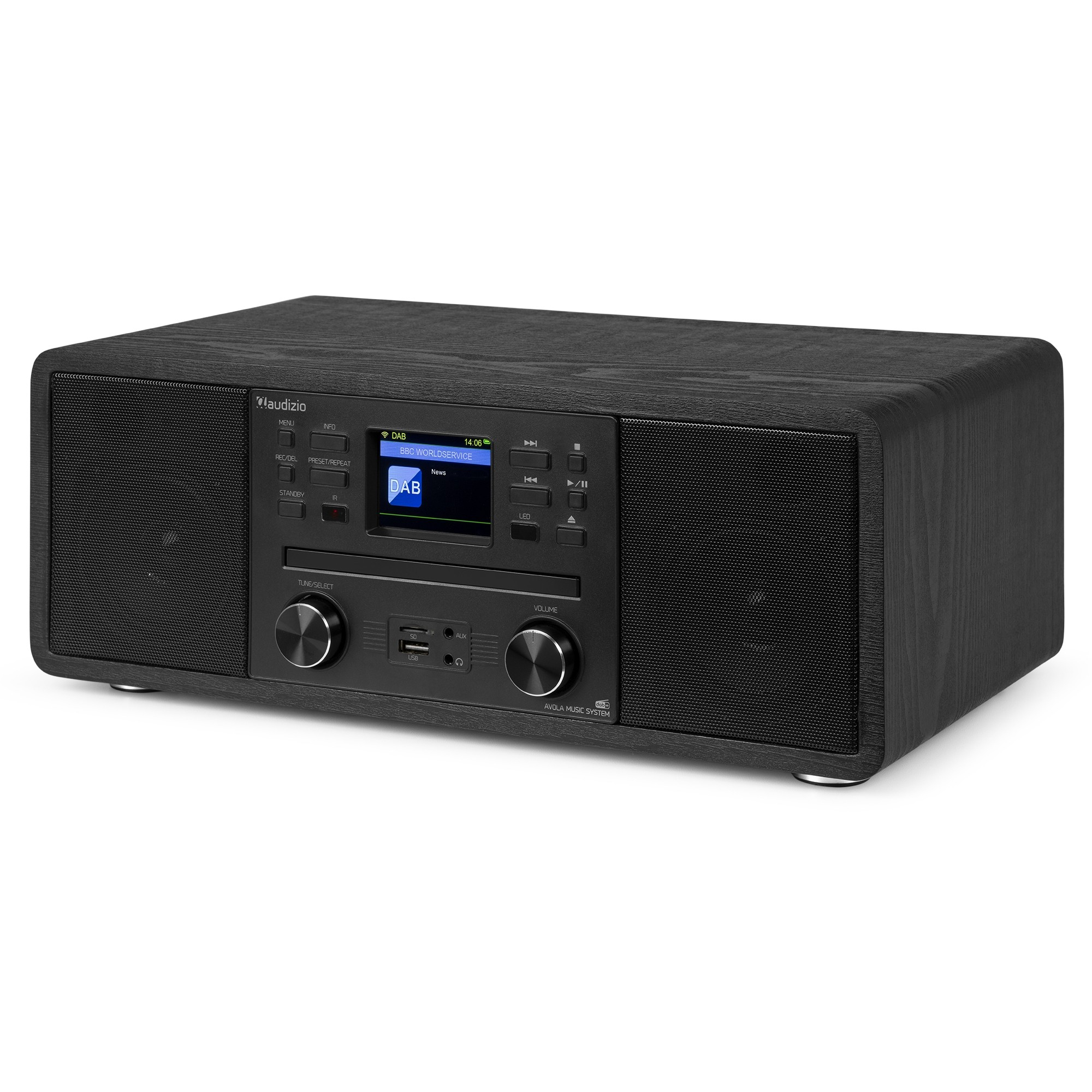 Schwarzes Holzradio mit Bildschirm, der DAB-Radioinformationen anzeigt. Es hat Lautsprecher und Knöpfe unten.