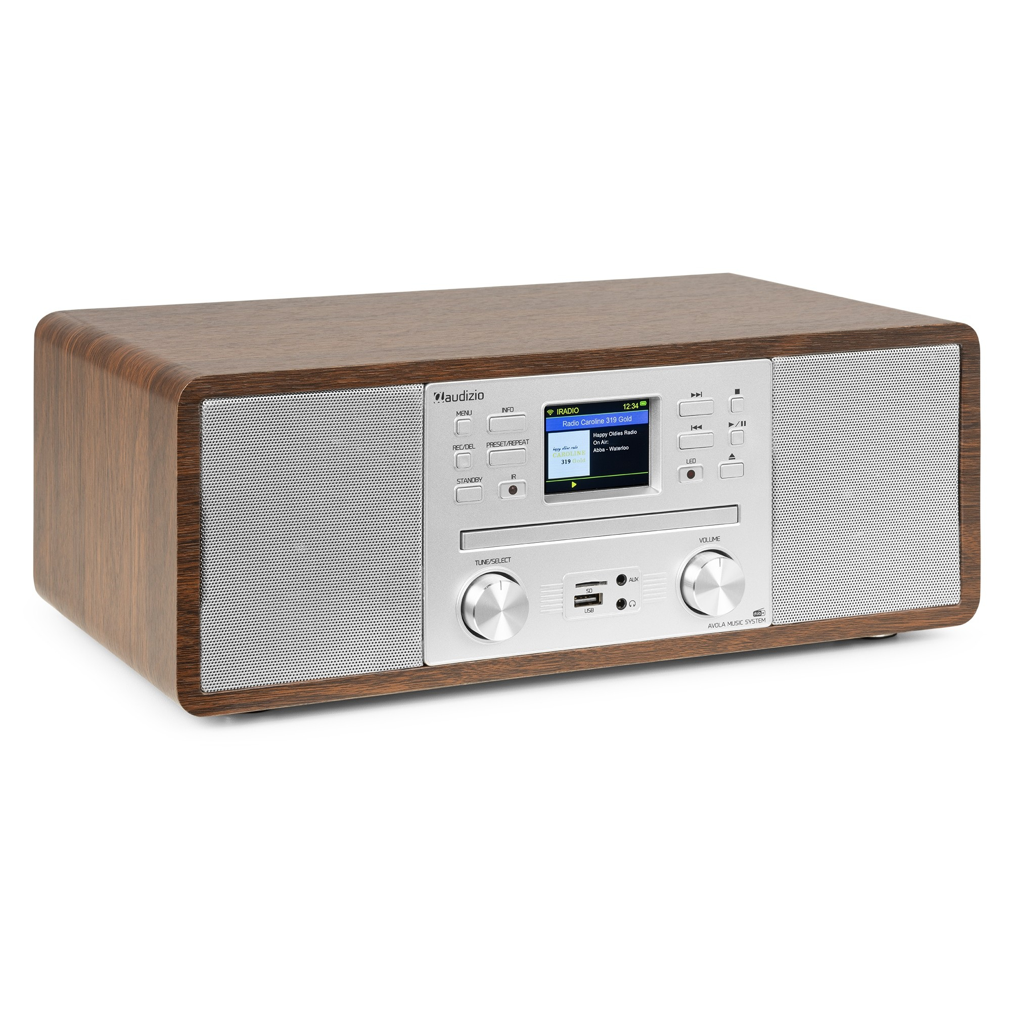 Radio en bois avec écran affichant les informations radio. Haut-parleurs et boutons de contrôle en bas.