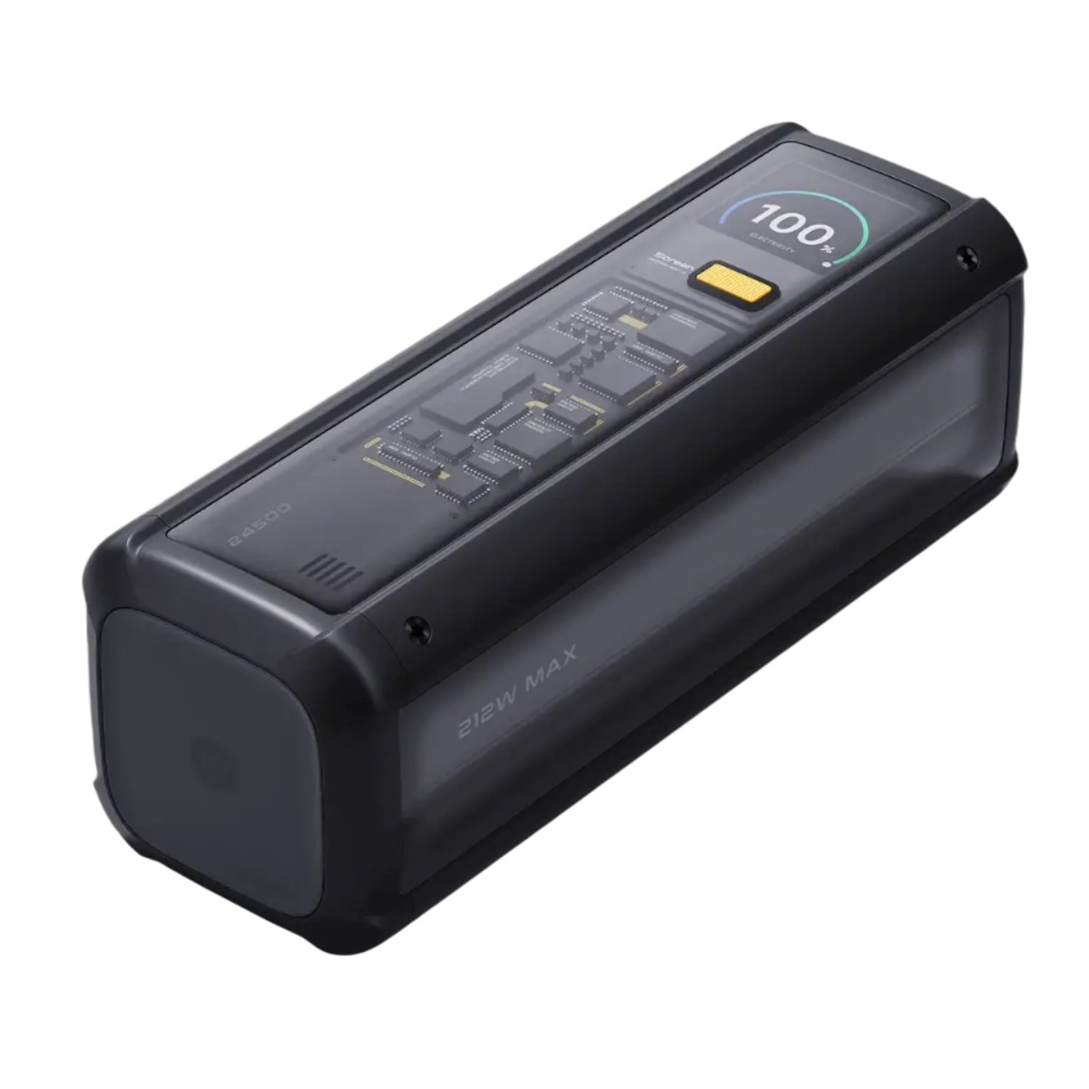 Czarny power bank z cyfrowym wyświetlaczem pokazującym 100% naładowania. Przezroczysty wierzch ukazuje wewnętrzne elementy.