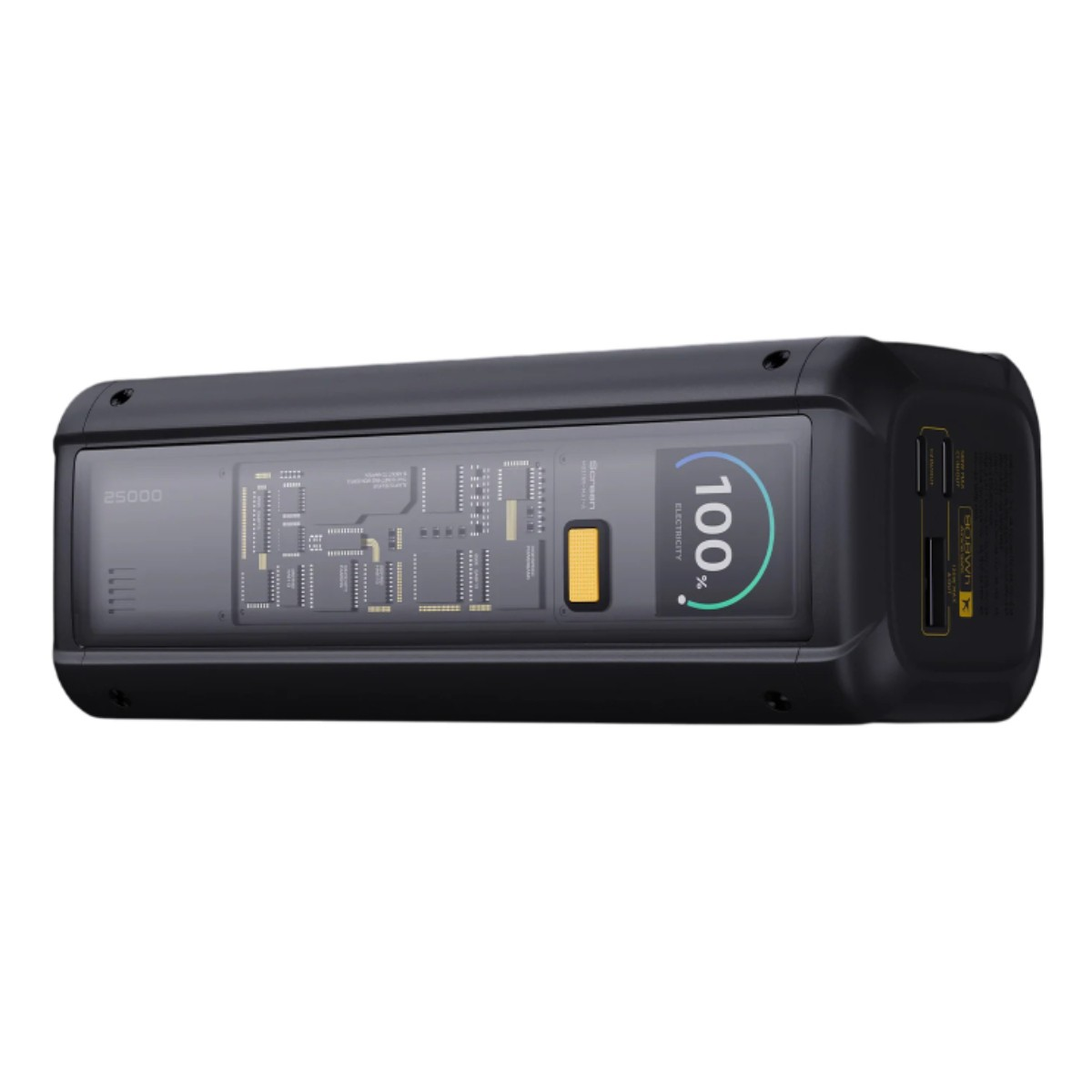 Czarny power bank. Jest prostokątny, z zaokrąglonymi rogami. Ekran z przodu wskazuje 100%.