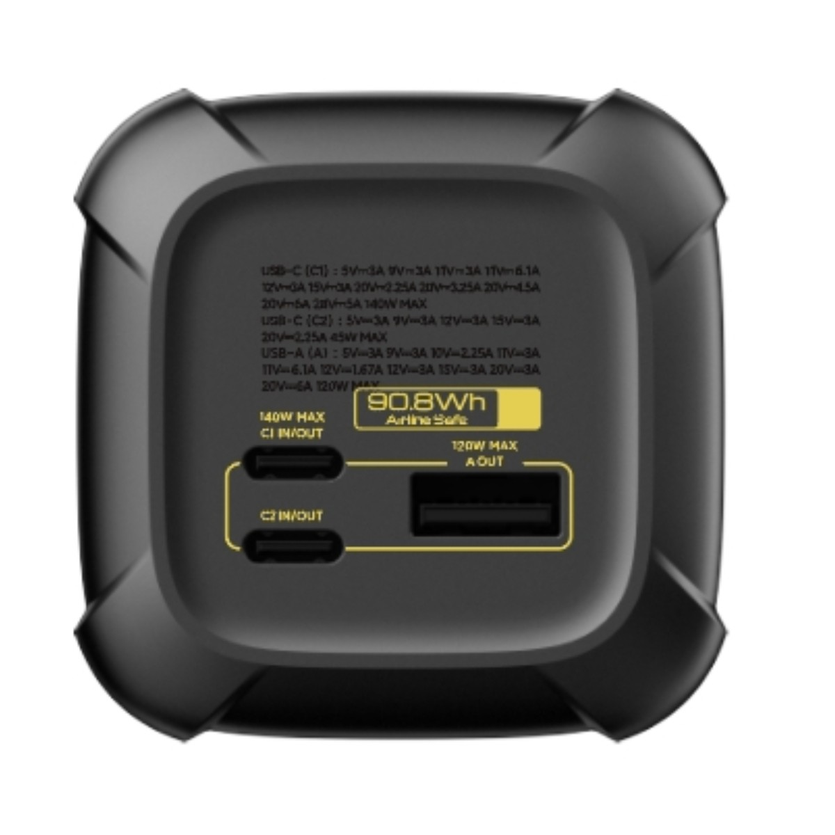 Czarny power bank z etykietami dla portów USB-C i USB-A. Pokazuje 90,8 Wh. Góra jest czarna.