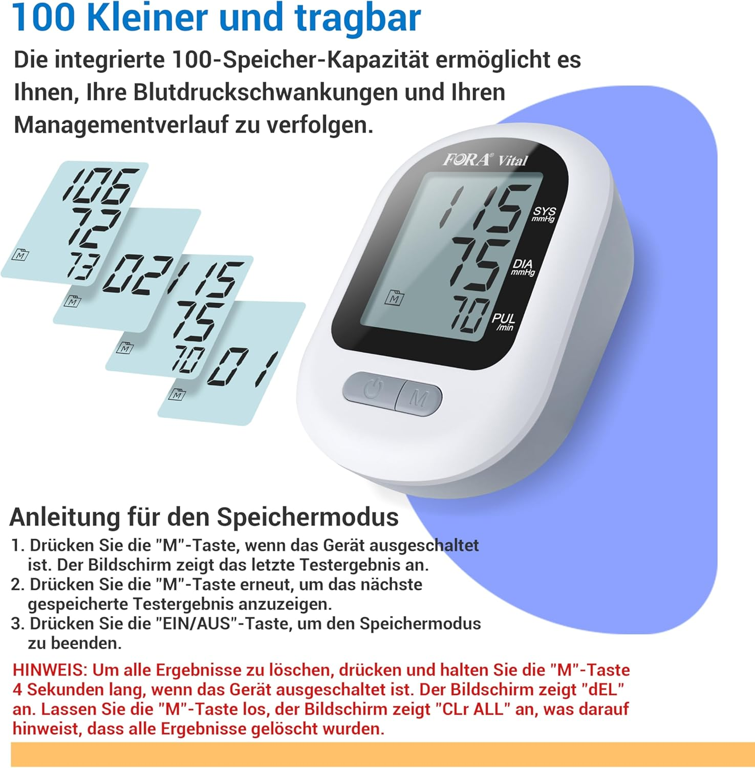Monitor de presión arterial que muestra múltiples lecturas. Texto e instrucciones se muestran debajo del monitor.