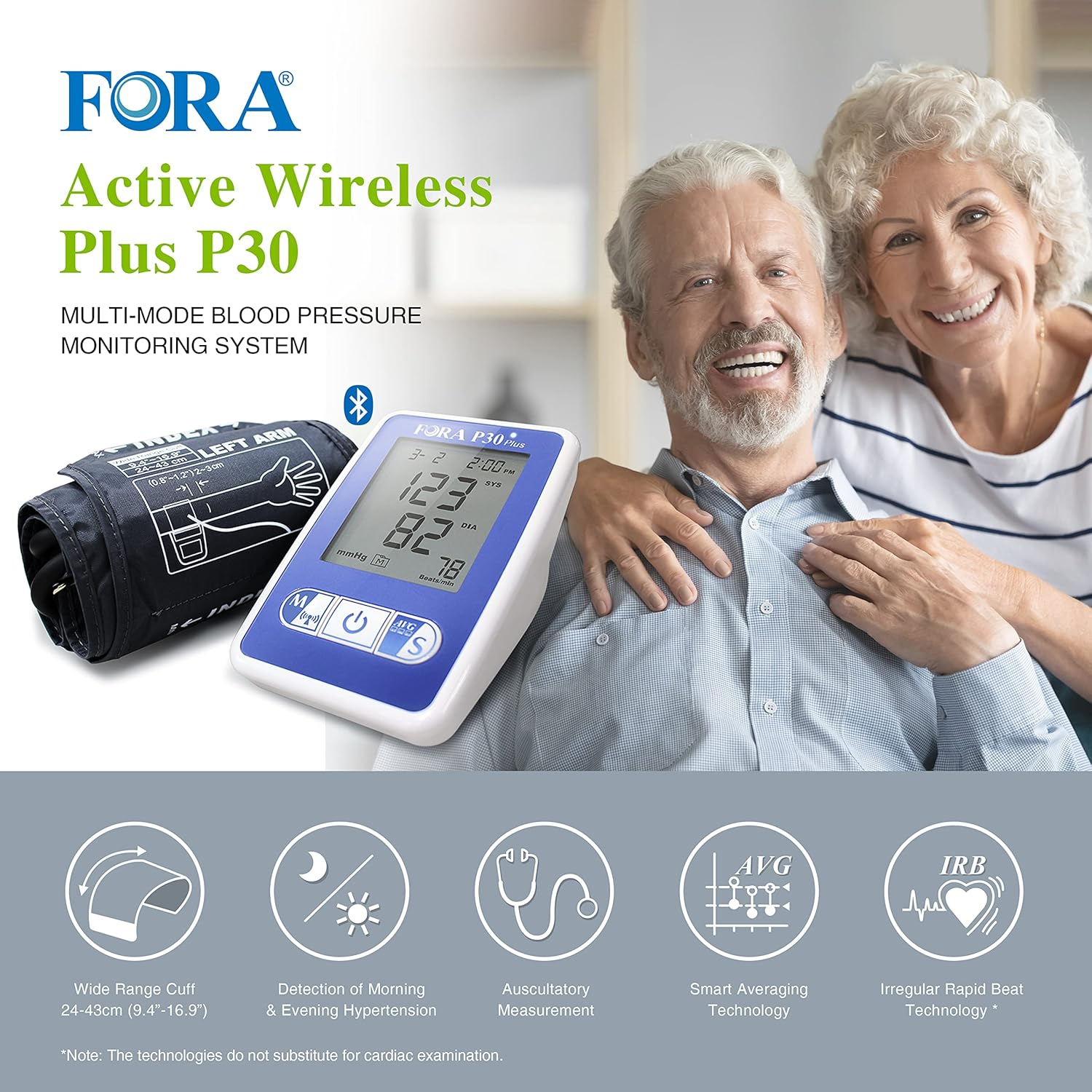 Pareja de ancianos sonriendo, brazo de hombre en hombro de mujer, monitor de presión arterial, iconos.