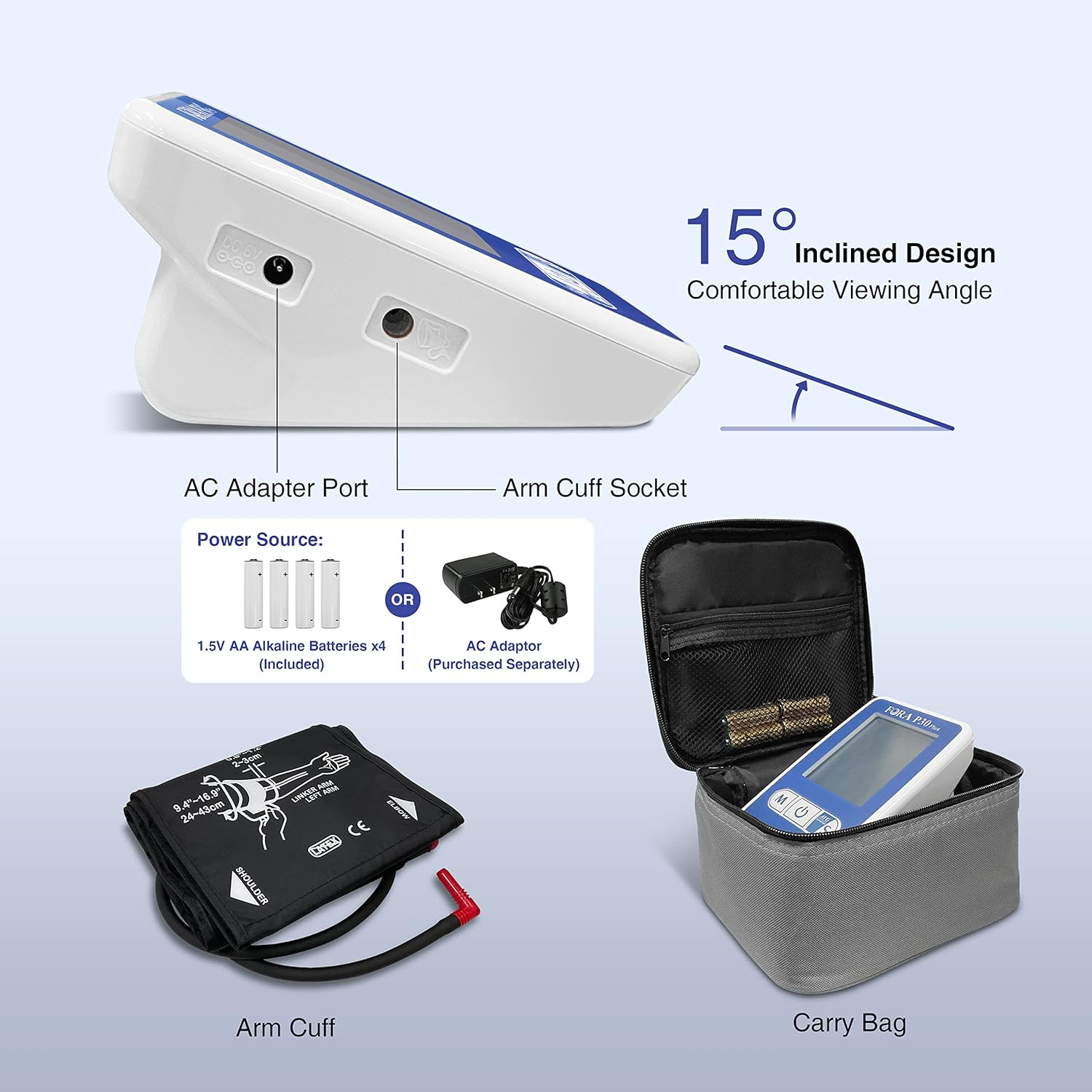 Monitor de presión arterial con accesorios. Incluye baterías, un adaptador de corriente, un brazalete y una bolsa.