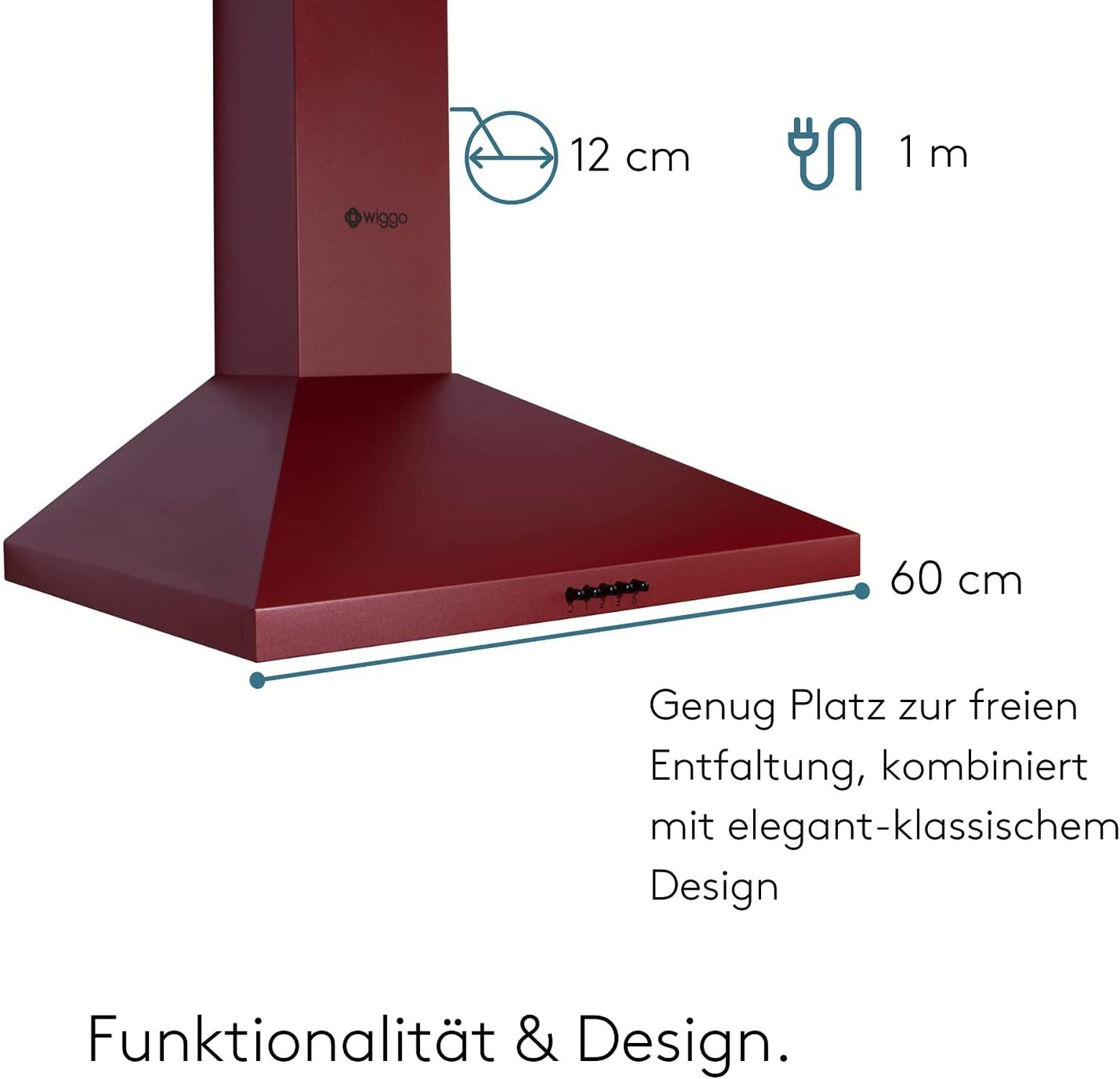 Hotte rouge avec dimensions, logo et texte. C'est un mélange de fonctionnalité et de design. Détails : 12 cm, 1 m et 60 cm.