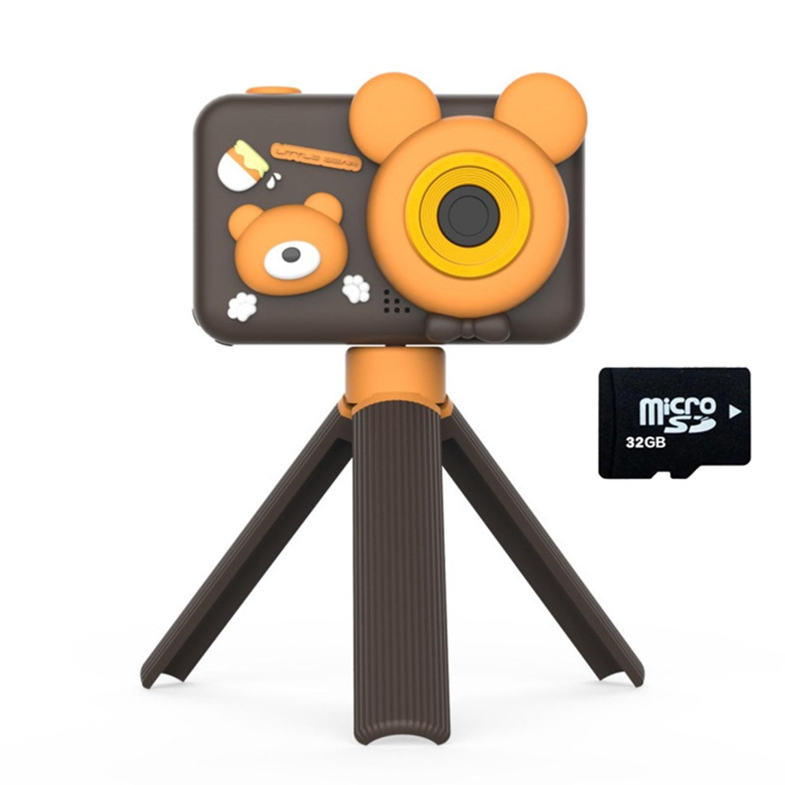 Eine braune Kamera in Bärenform für Kinder auf einem Stativ mit einer 32GB SD-Karte.