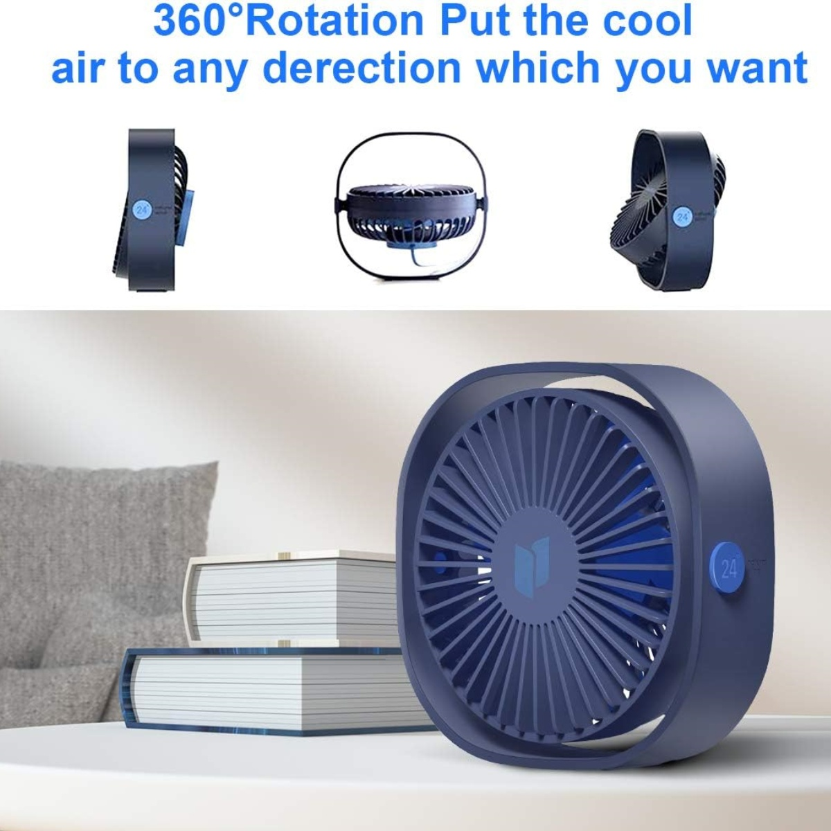 Drei Ansichten eines blauen Ventilators. Der Ventilator befindet sich auf weißem Hintergrund.
