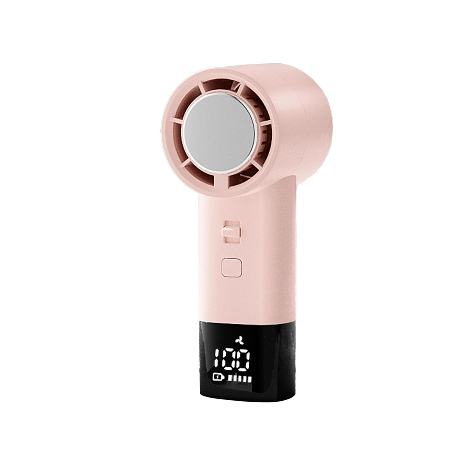 Ein pinkfarbener Handventilator mit Digitalanzeige.