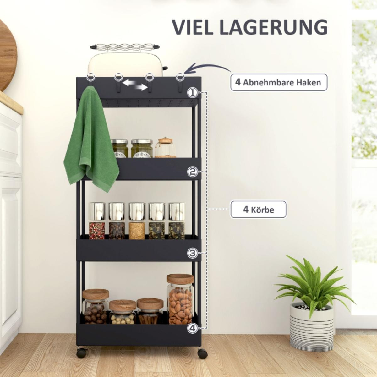 Ein schwarzer rollender Aufbewahrungswagen mit Regalen, die mit Gegenständen gefüllt sind, und einer Pflanze.