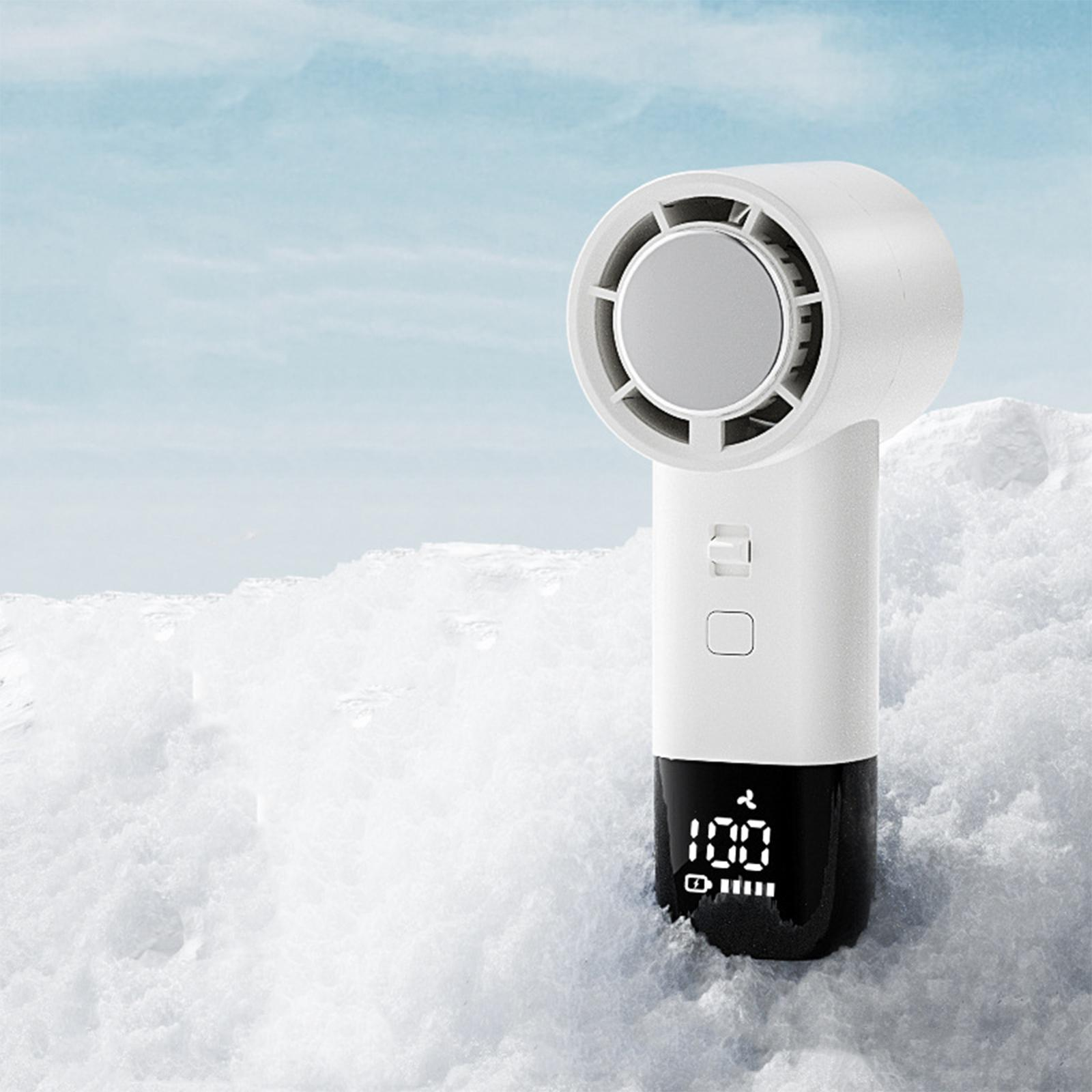 Ein weiß-schwarzer tragbarer Ventilator mit digitaler Anzeige vor verschneitem Hintergrund.