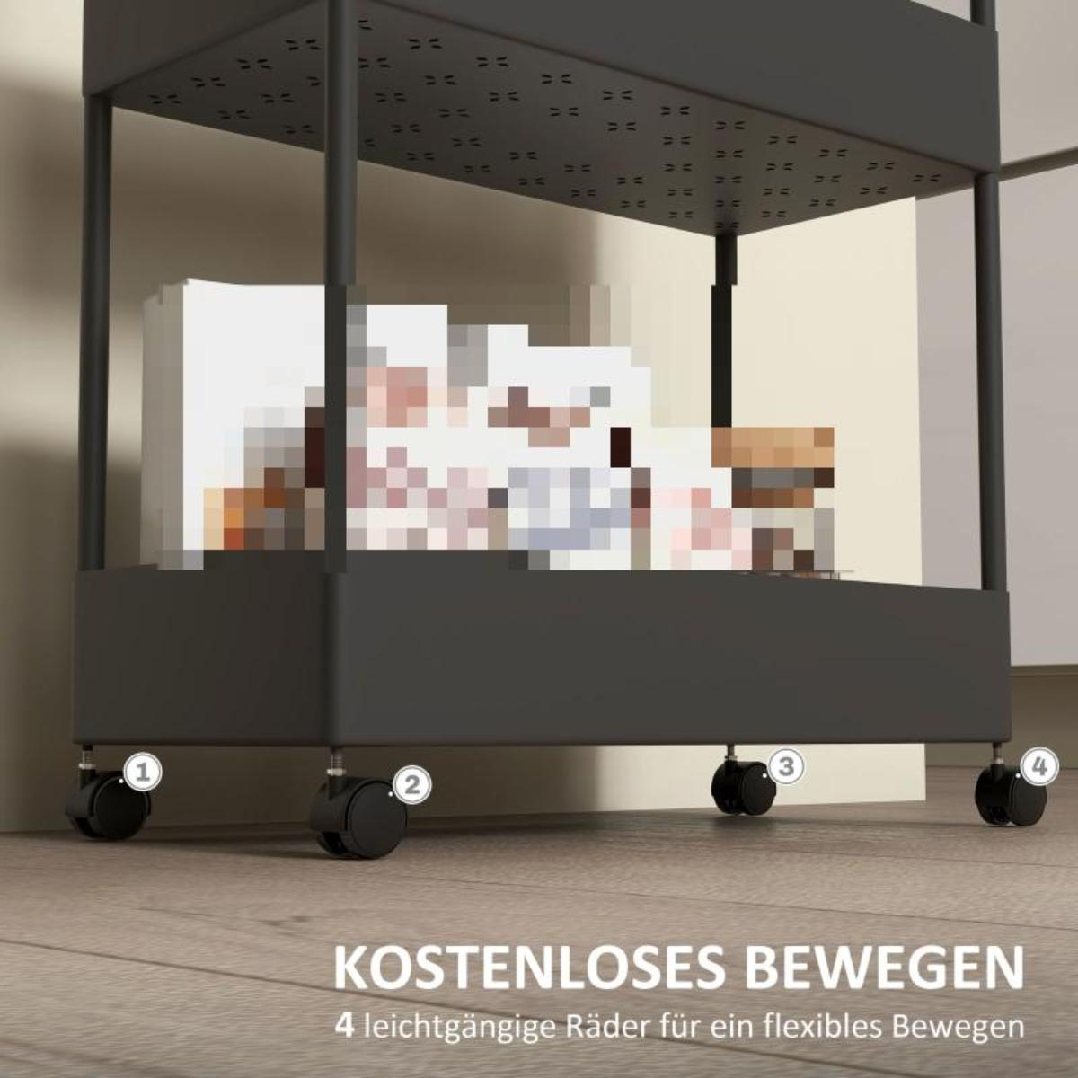 Nahaufnahme der Räder eines schwarzen Rollwagens und eines Regals. Text: KOSTENLOSES BEWEGEN.