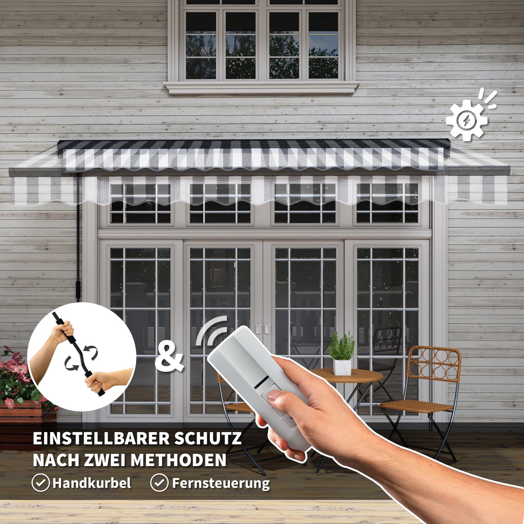 Ein Haus mit geöffneter Markise. Das Bild zeigt zwei Methoden zur Steuerung der Markise: Handkurbel und Fernbedienung.