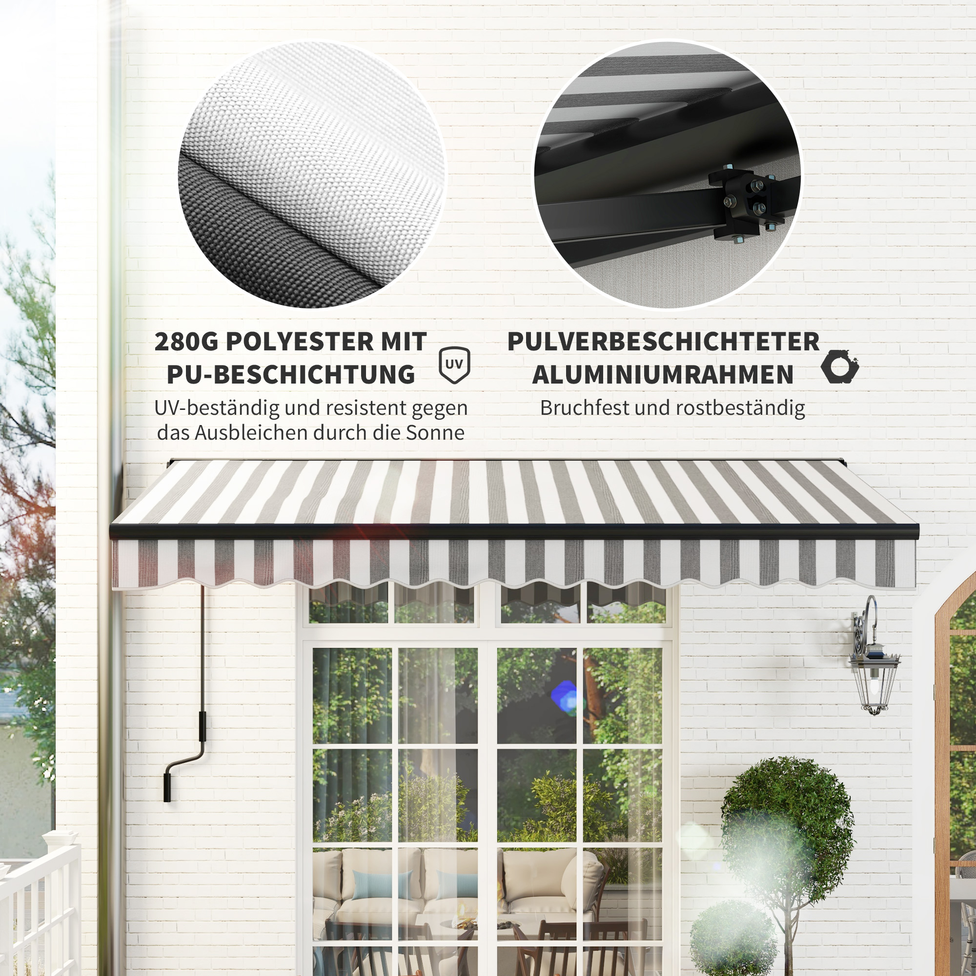 Nahaufnahme einer gestreiften Markise mit Text über UV-beständige und pulverbeschichtete Aluminiumrahmen.