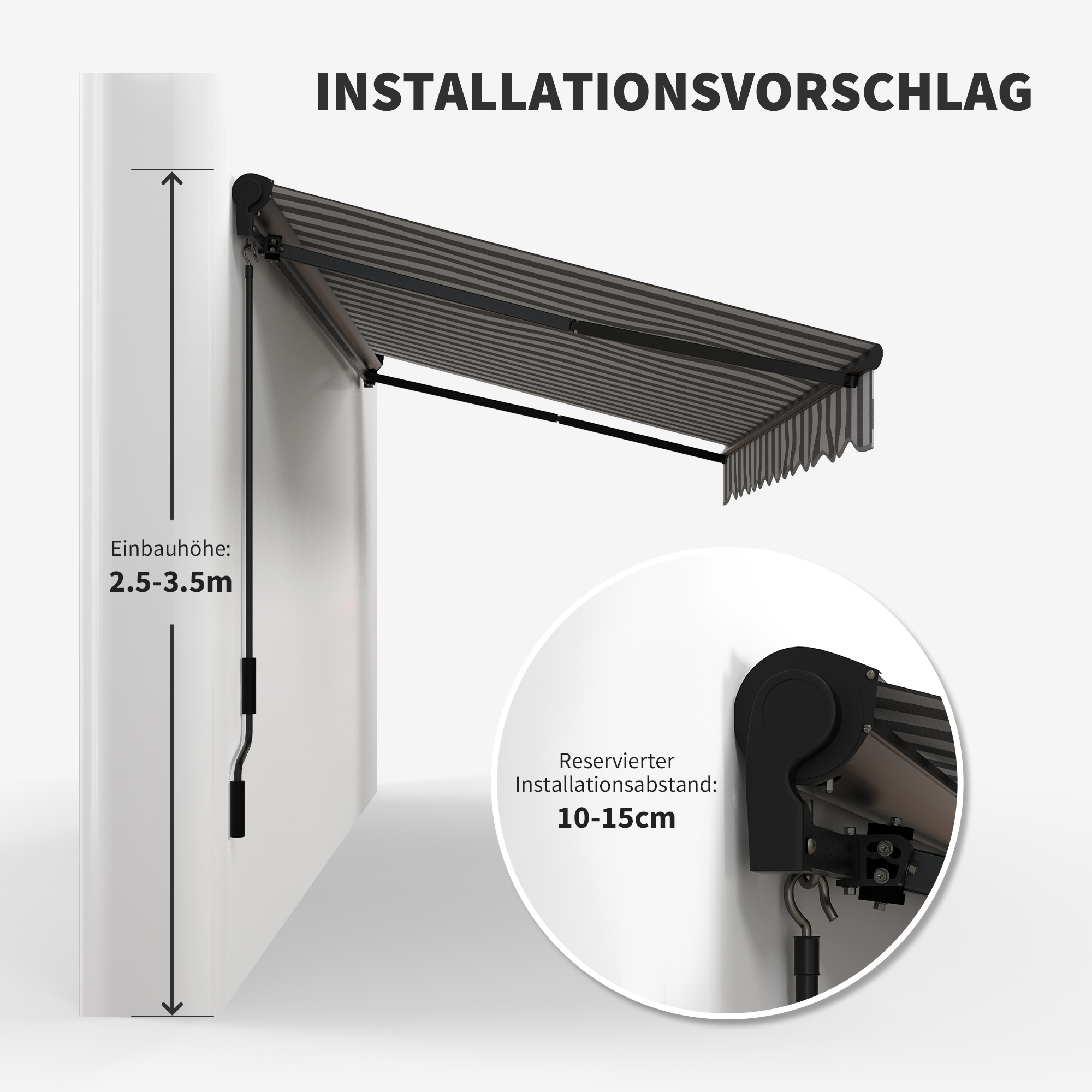 Diagramm zur Installation einer Markise. Es zeigt den Abstand zur Wand und die Installationshöhenanforderungen.