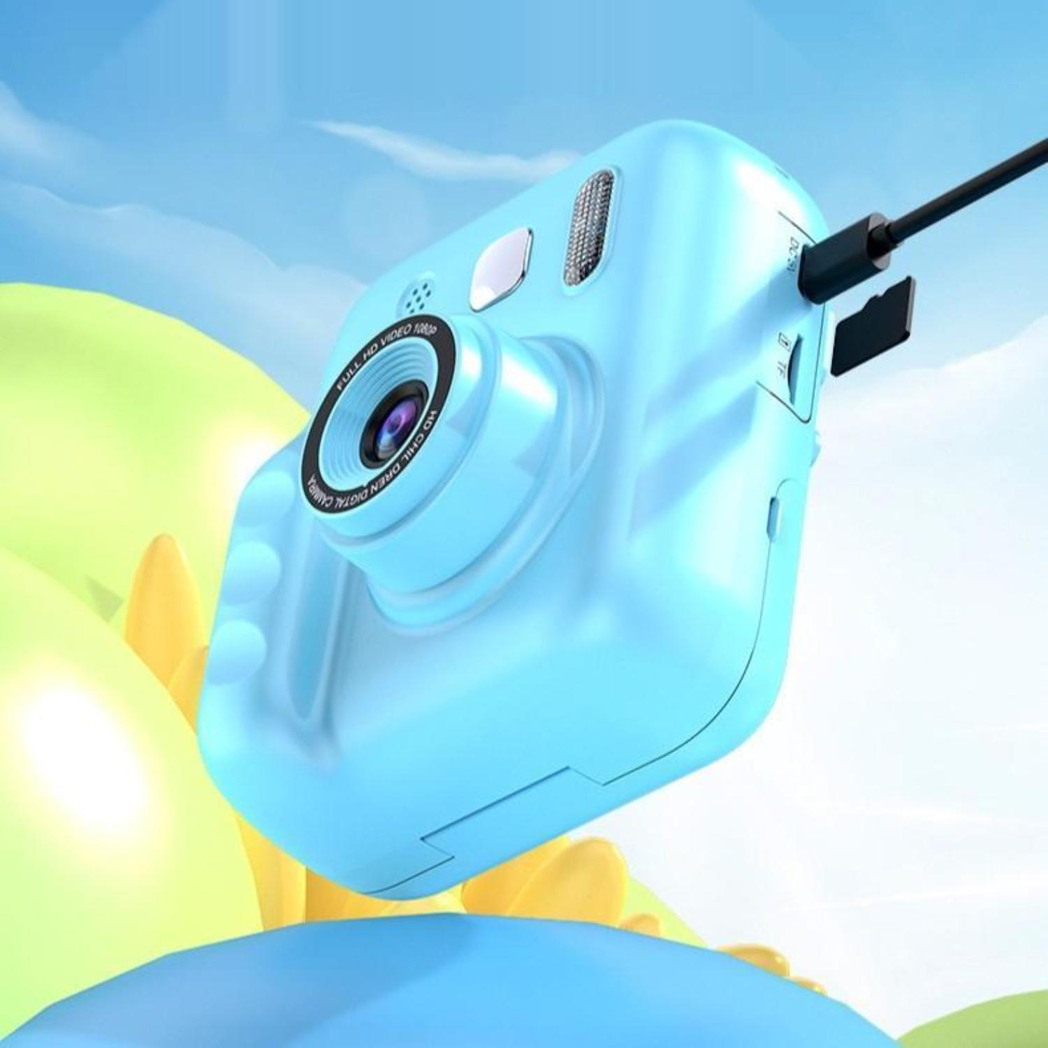 Eine blaue Digitalkamera mit Objektiv, Knöpfen und Anschlüssen. Sie ist nach oben geneigt, mit einem Ladekabel.