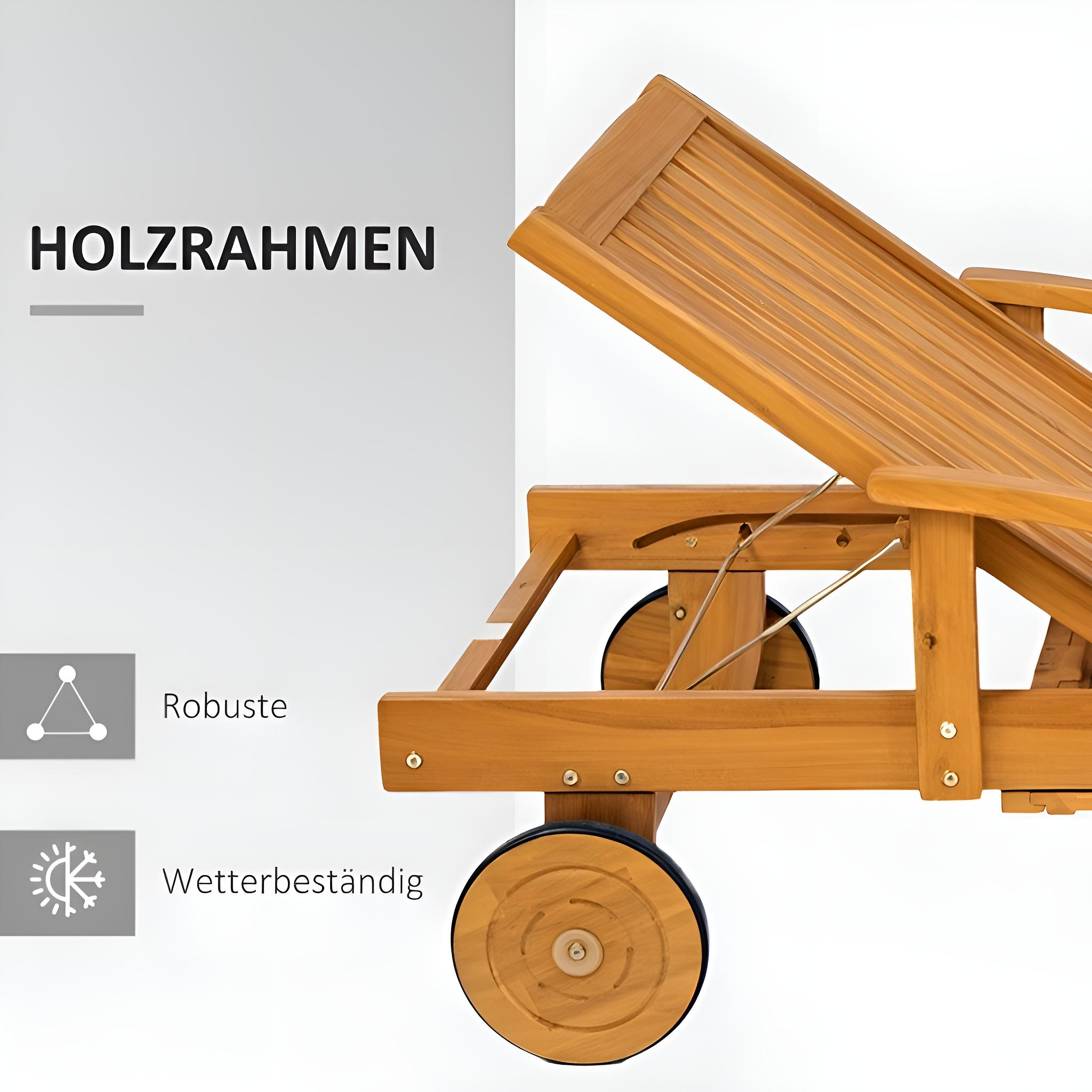 Nahaufnahme eines Holzliegestuhls mit verstellbarer Rückenlehne, Rädern und Textüberlagerung.
