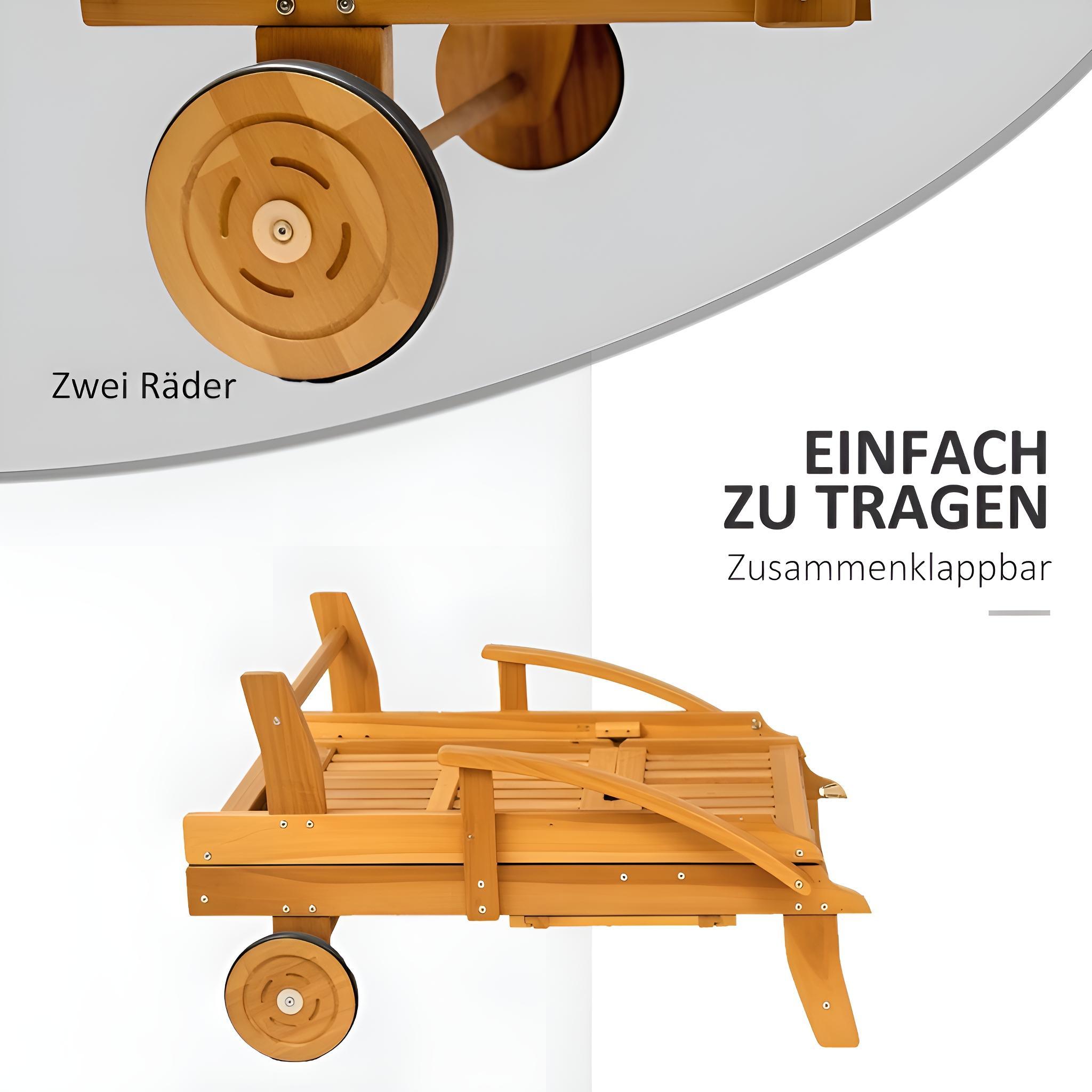 Klappbarer Strandstuhl aus Holz mit zwei Rädern. Text auf Deutsch: „Einfach zu tragen“.