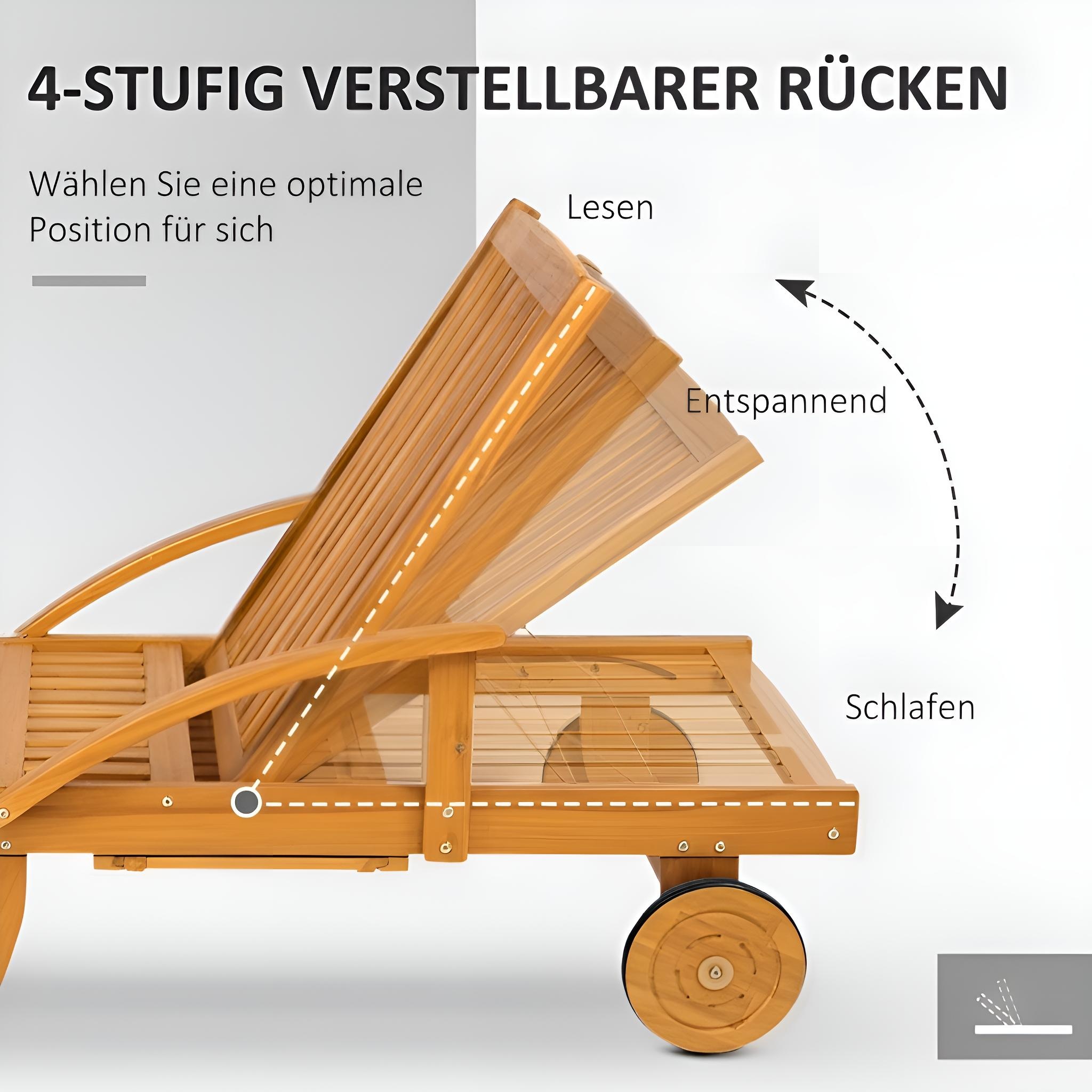 Holzliegestuhl mit verstellbarer Rückenlehne, die verschiedene Positionen zum Lesen und Schlafen zeigt.