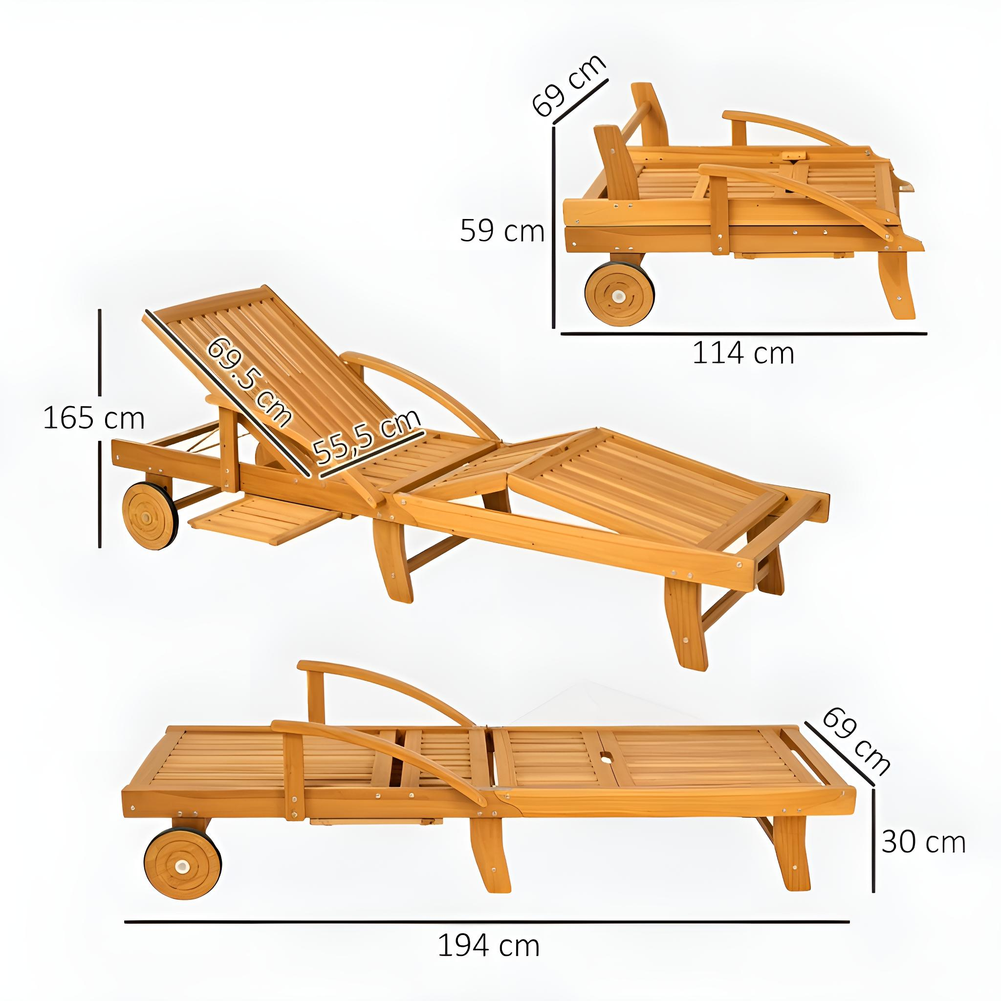 Strandliegestuhl aus Holz in drei Ansichten mit Zentimeter-Maßen. Der Stuhl ist hellbraun.