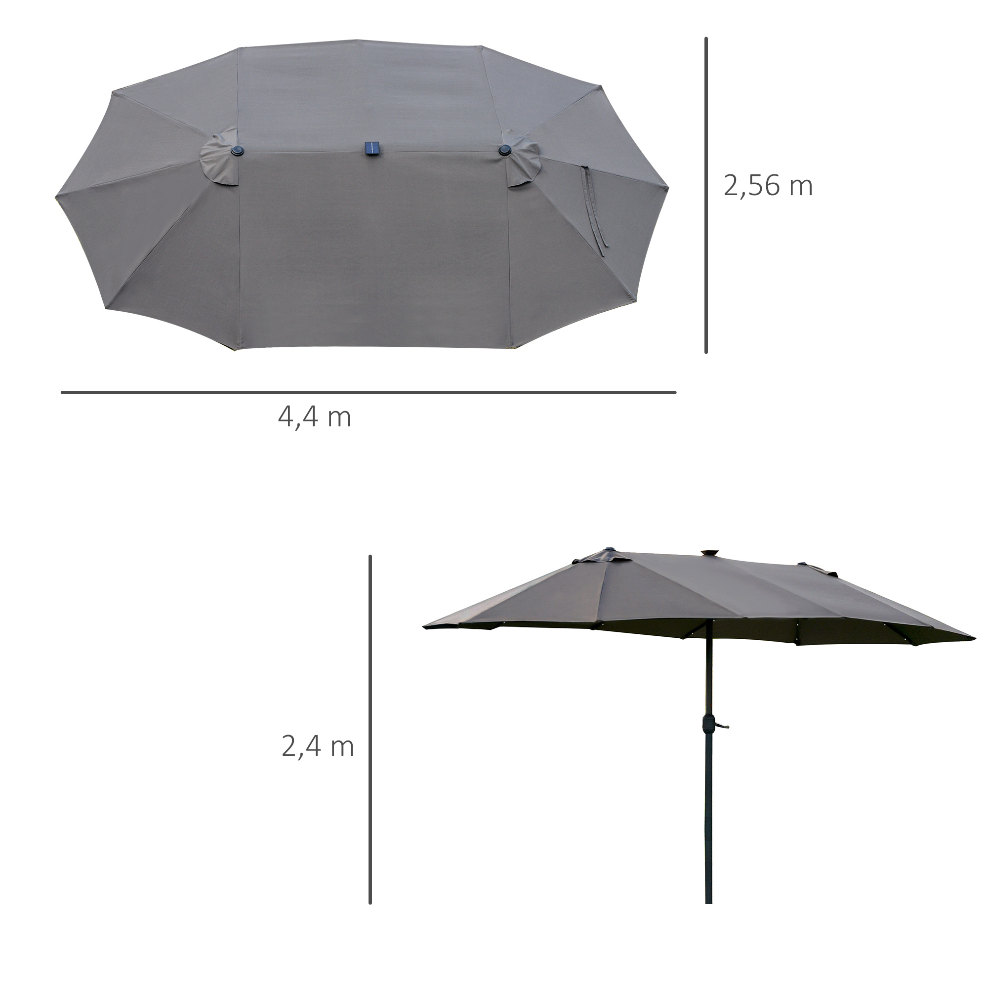 Ein grauer rechteckiger Sonnenschirm mit den Maßen 4,4 m Breite und 2,56 m Höhe und einer Seitenansicht von 2,4 m Höhe.