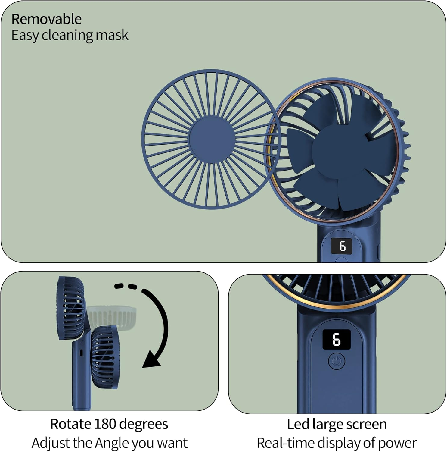 Blauer tragbarer Ventilator mit abnehmbarer Abdeckung. Der Ventilator dreht sich um 180 Grad.