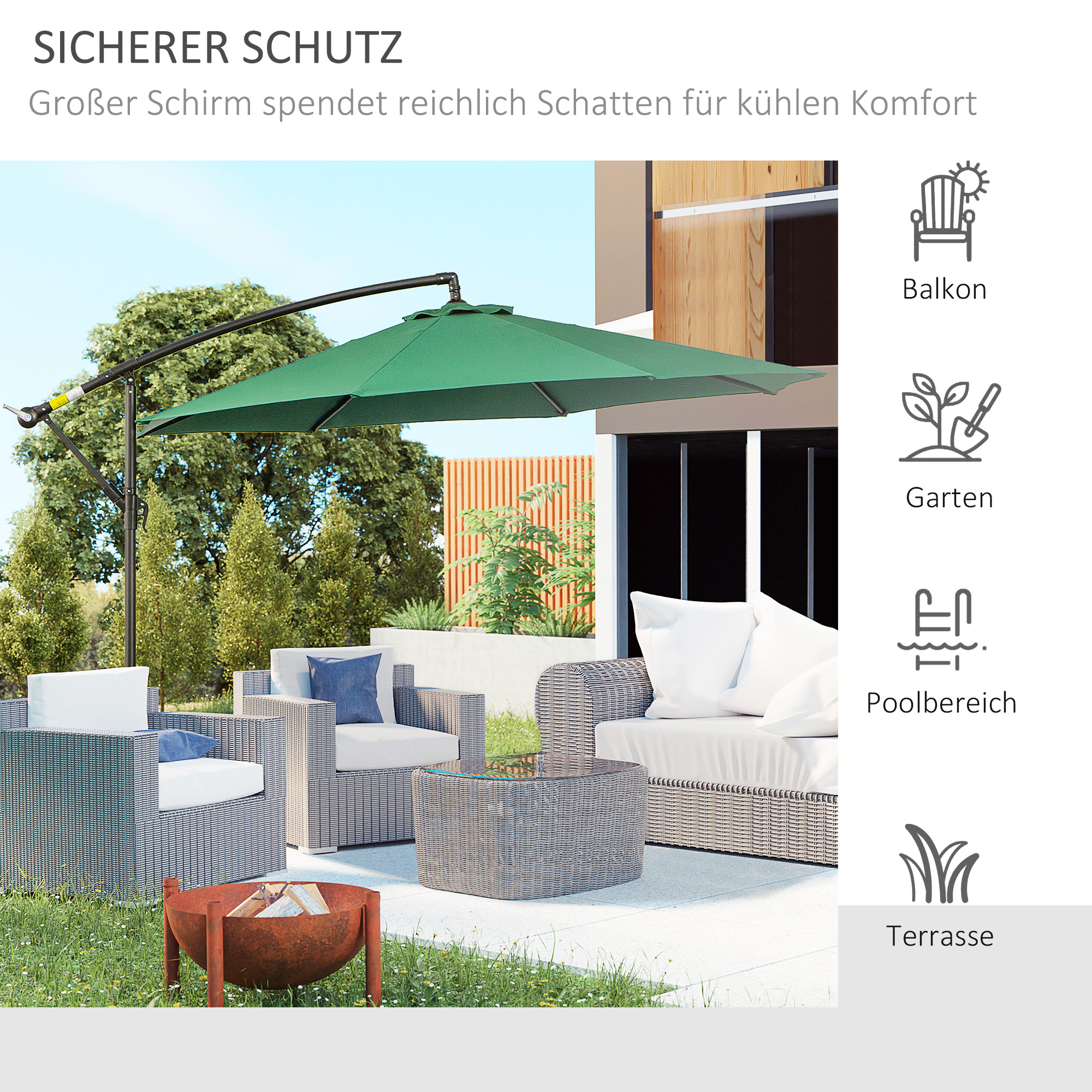 Grüner Ausleger-Schirm über Terrassenmöbeln. Text zeigt Symbole für Balkon, Garten, Poolbereich und Terrasse.