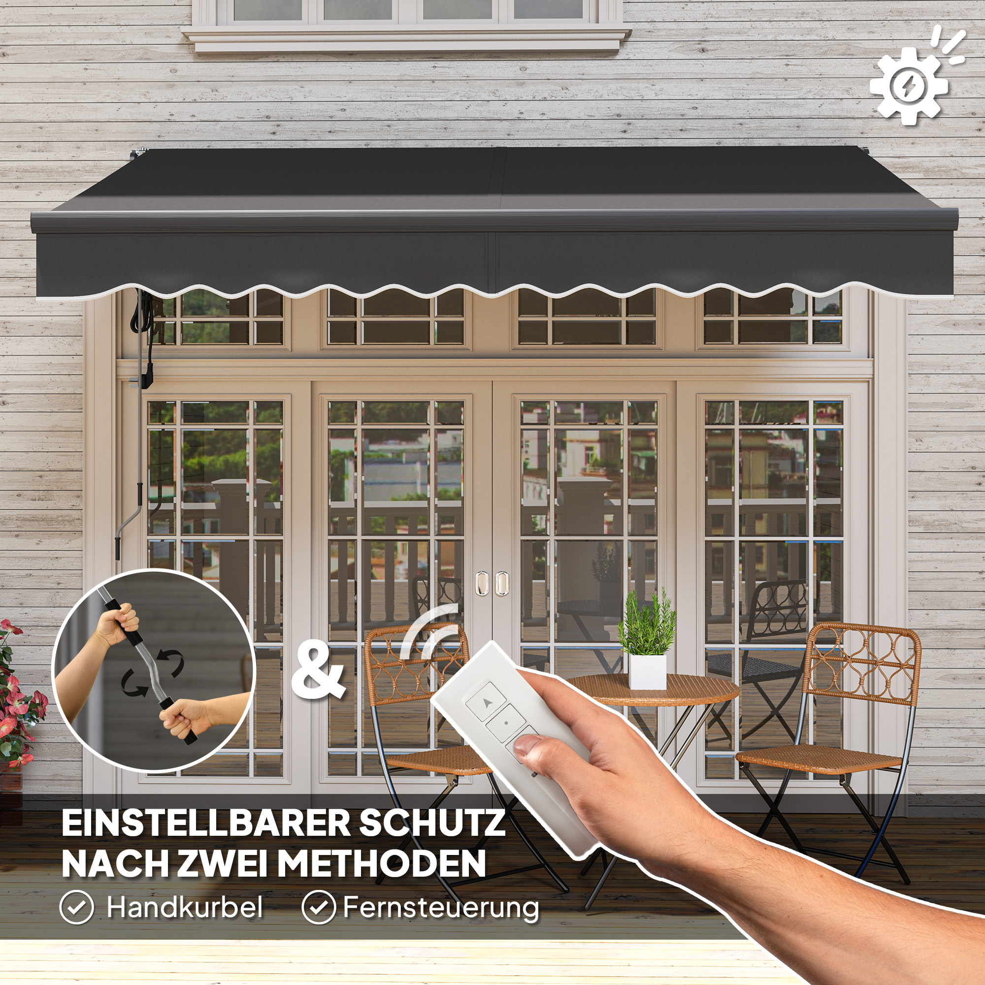 Schwarze Markise über einer Tür. Sie kann mit einer Handkurbel oder Fernbedienung bedient werden. Text auf Deutsch.