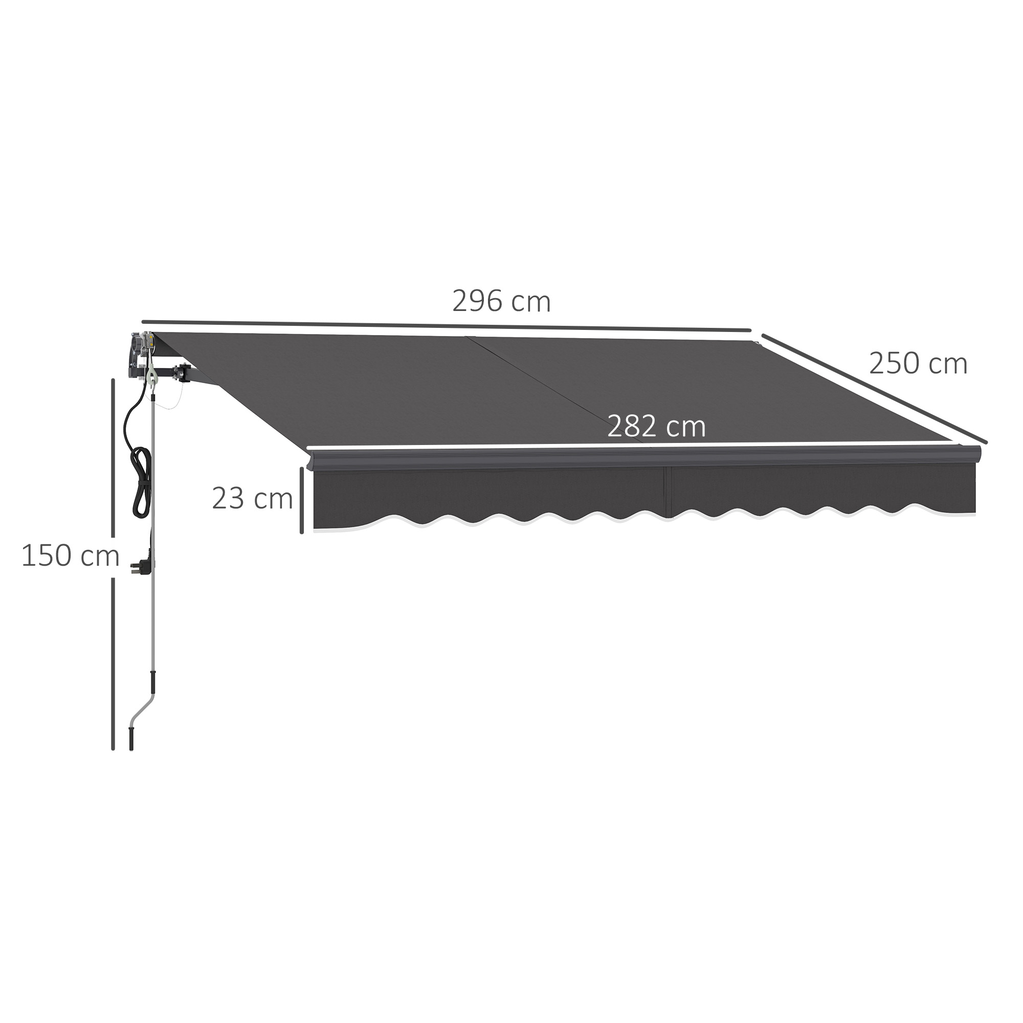 Graue Markise mit Maßen: 296 cm Breite, 250 cm Tiefe und 150 cm Fallhöhe. Sie ist an der Wand montiert.