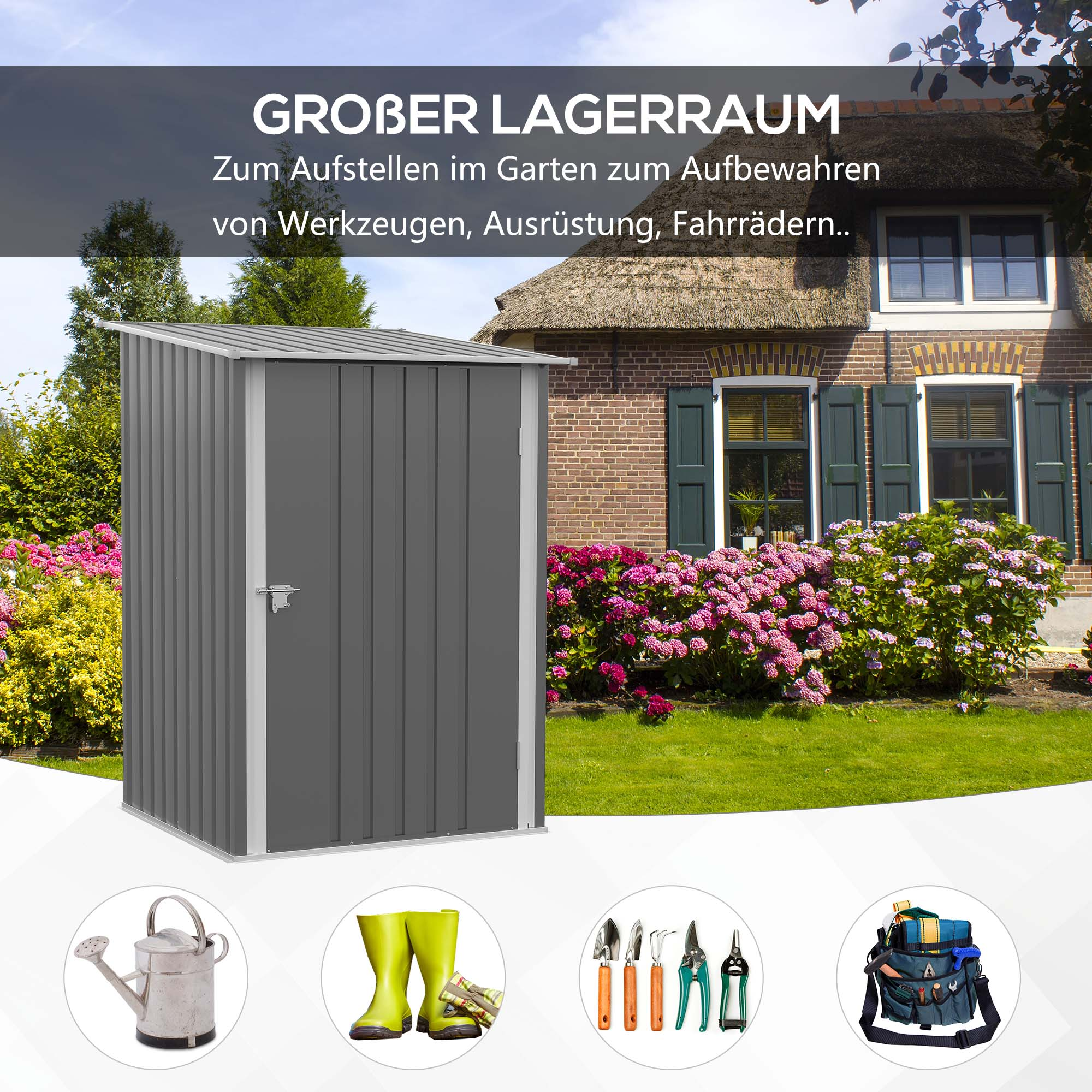 Ein grauer Outdoor-Geräteschuppen in einem Garten. Werkzeuge und Geräte sind sichtbar. Grünes Gras und Blumen.