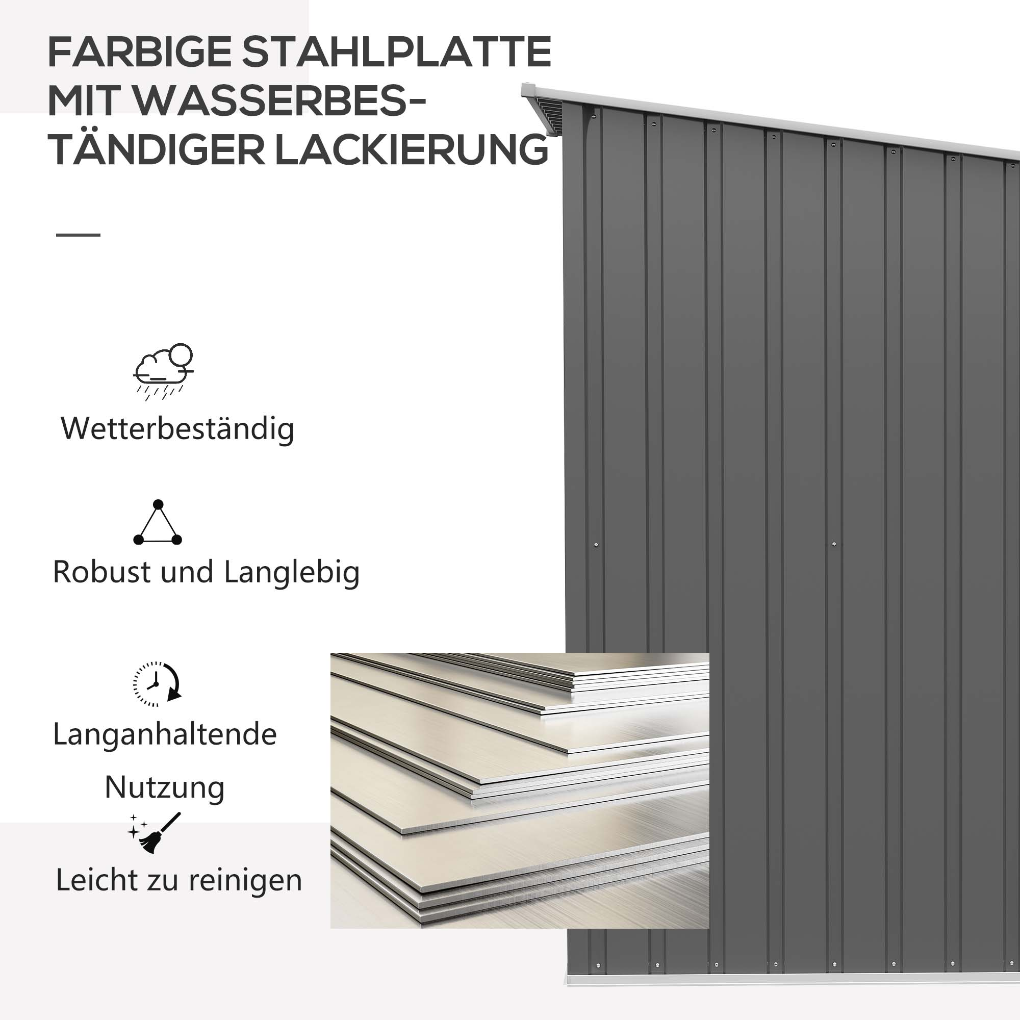 Graue Metall-Lagerbox. Zeigt das Äußere mit Text und Symbolen, die seine Eigenschaften beschreiben: wetterfest, langlebig.