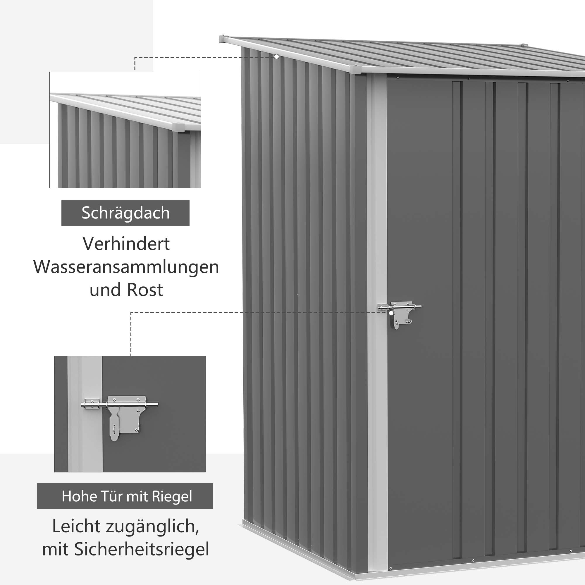 Graues Gerätehaus mit Text. Merkmale sind: Schrägdach und hohe Tür mit Sicherheitsriegel.