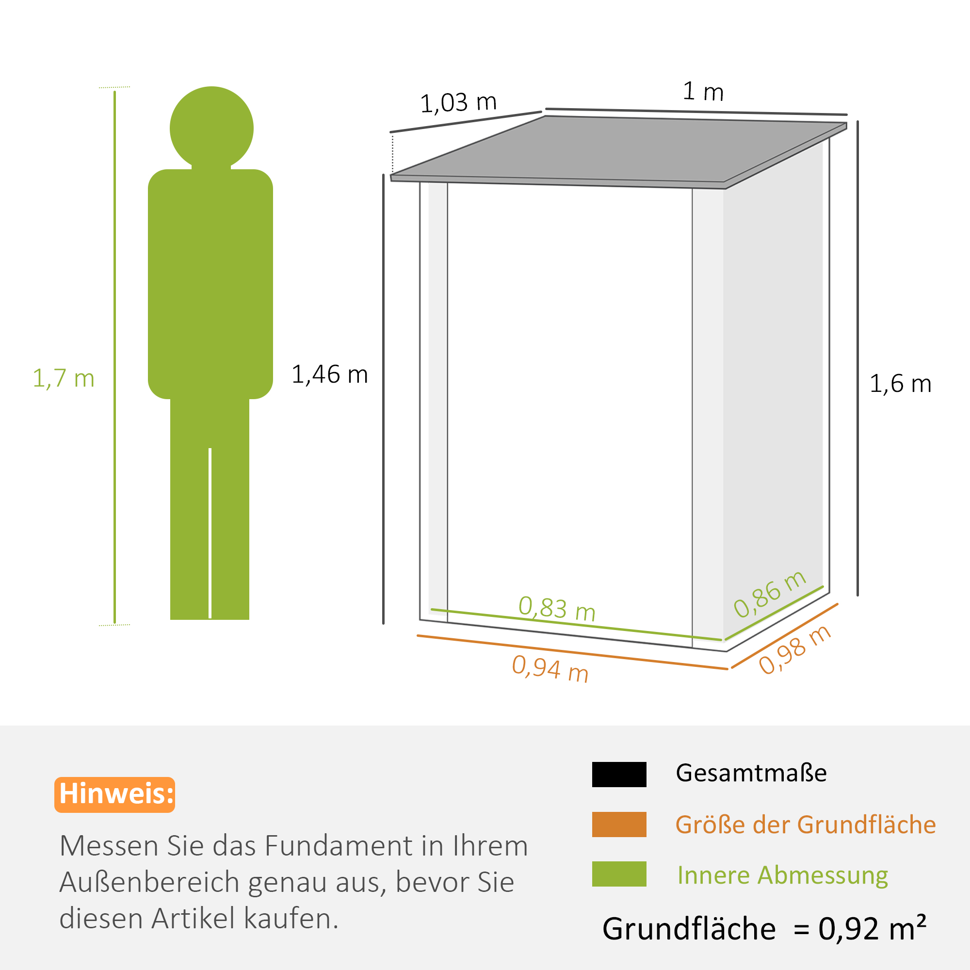 Diagramm mit den Abmessungen eines Stauraums. Eine grüne Figur stellt eine Person dar. Das Gerät ist grau.