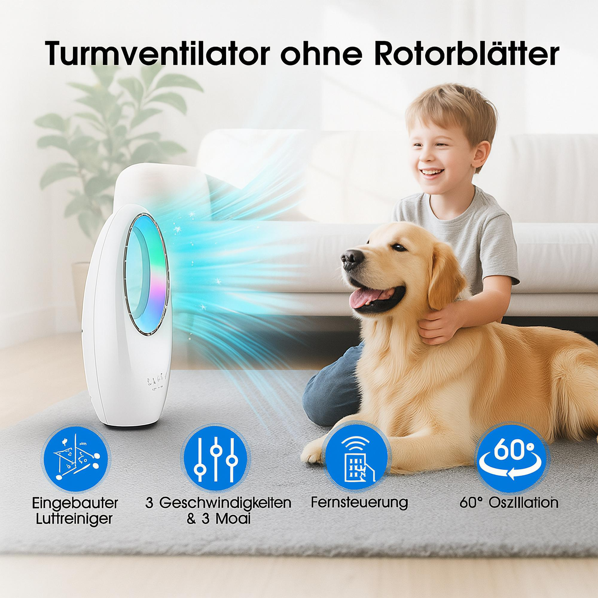 Ein Junge und ein Hund im Vordergrund. Ein weißer Ventilator im Hintergrund, mit einem Lichtring.